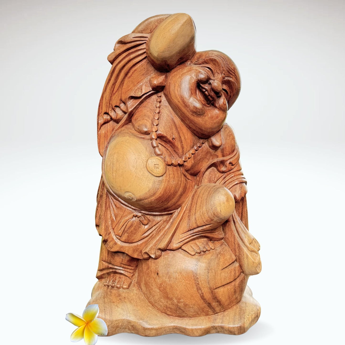 20" Hand Carved Suar Wood Laughing Buddha Statue: Balinese Good Luck Decor