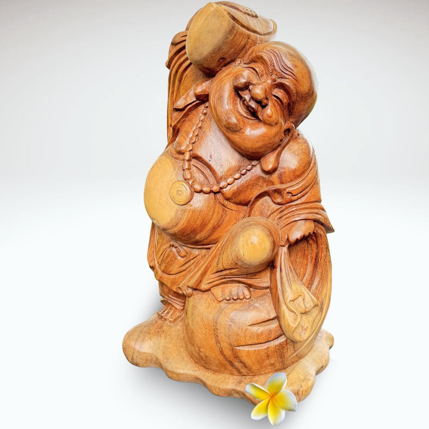 20" Hand Carved Suar Wood Laughing Buddha Statue: Balinese Good Luck Decor