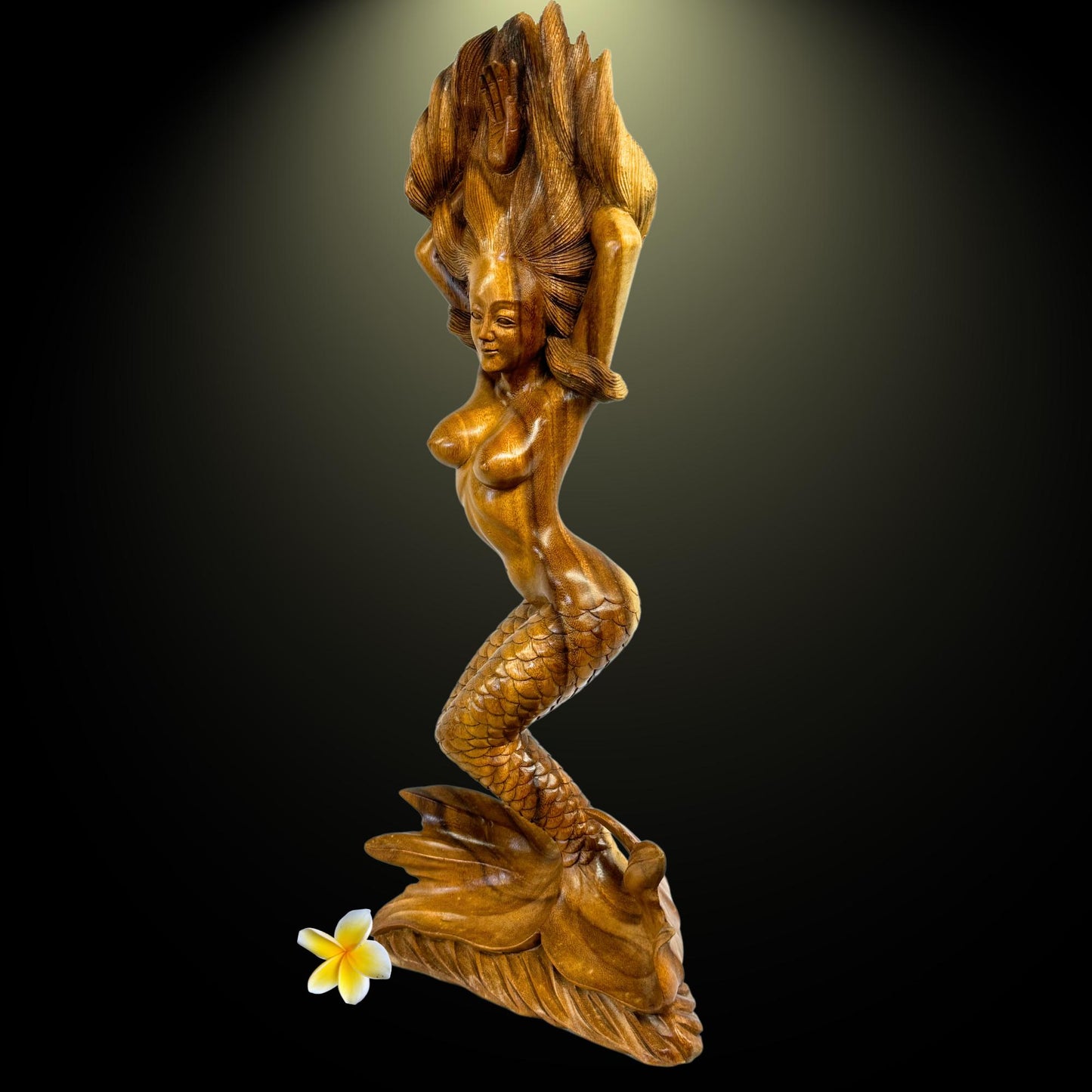 Hand Carved Wood Balinese Mermaid Sculpture: Sea Sirin Sculpture Nautical Decor