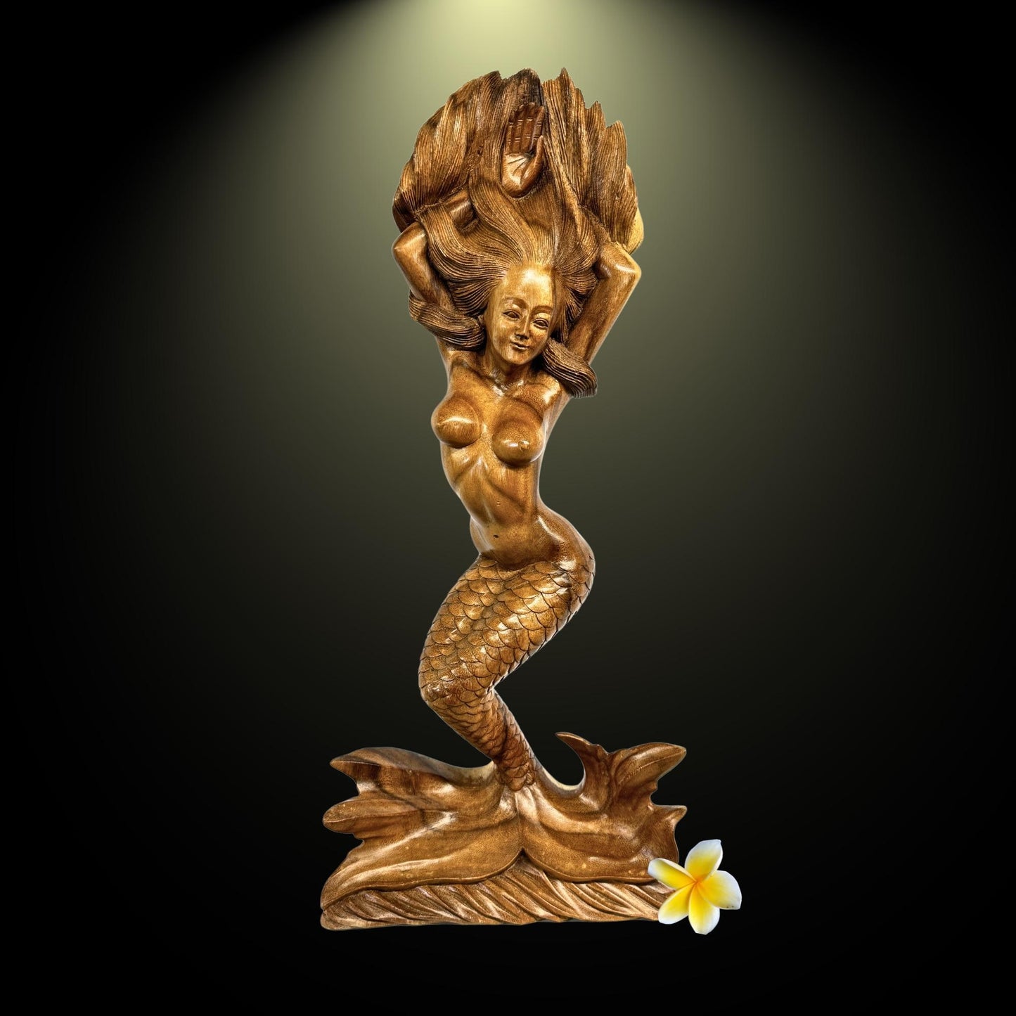 Hand Carved Wood Balinese Mermaid Sculpture: Sea Sirin Sculpture Nautical Decor