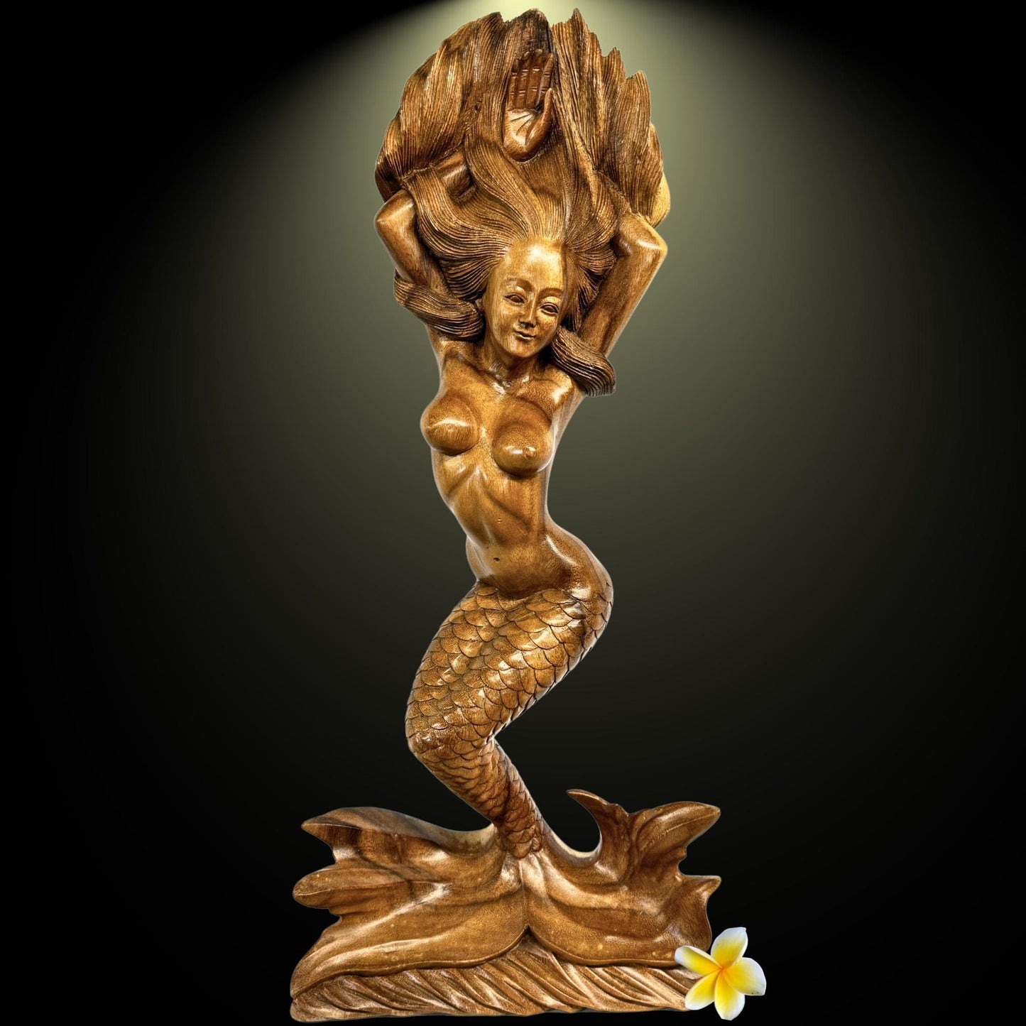 Hand Carved Wood Balinese Mermaid Sculpture: Sea Sirin Sculpture Nautical Decor