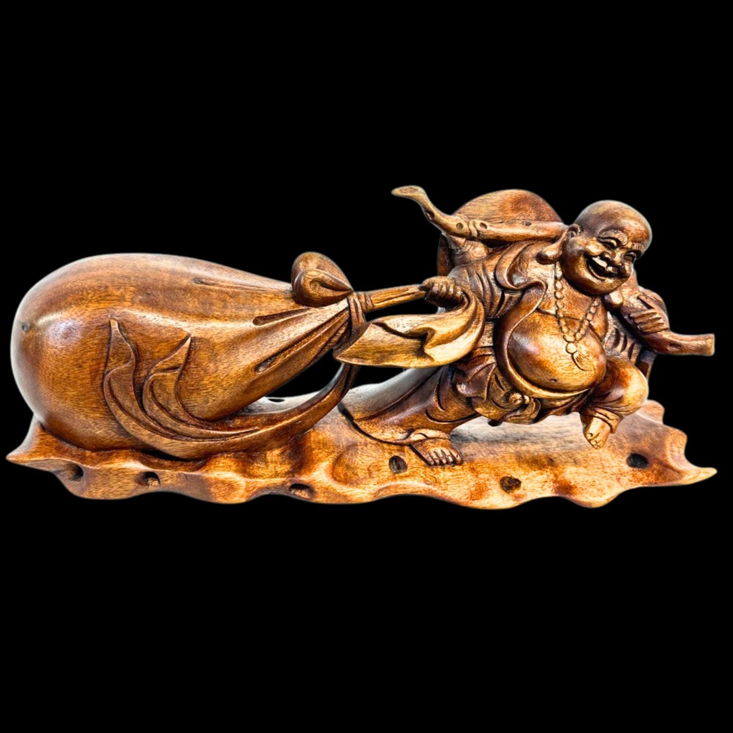 Joyful Buddha Statue Prosperity Hotei Budai hand carved Wood Sculpture Bali Art
