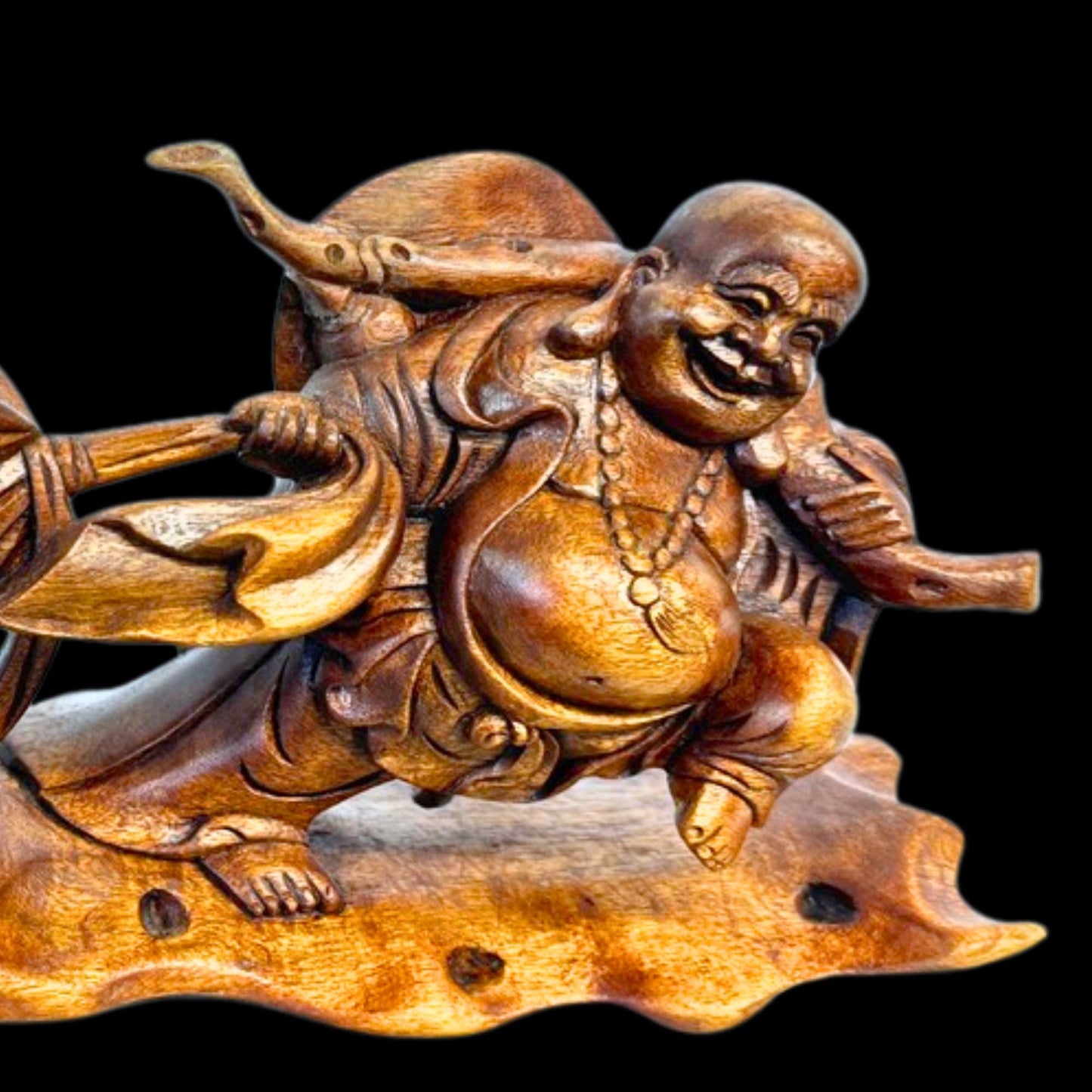 Joyful Buddha Statue Prosperity Hotei Budai hand carved Wood Sculpture Bali Art
