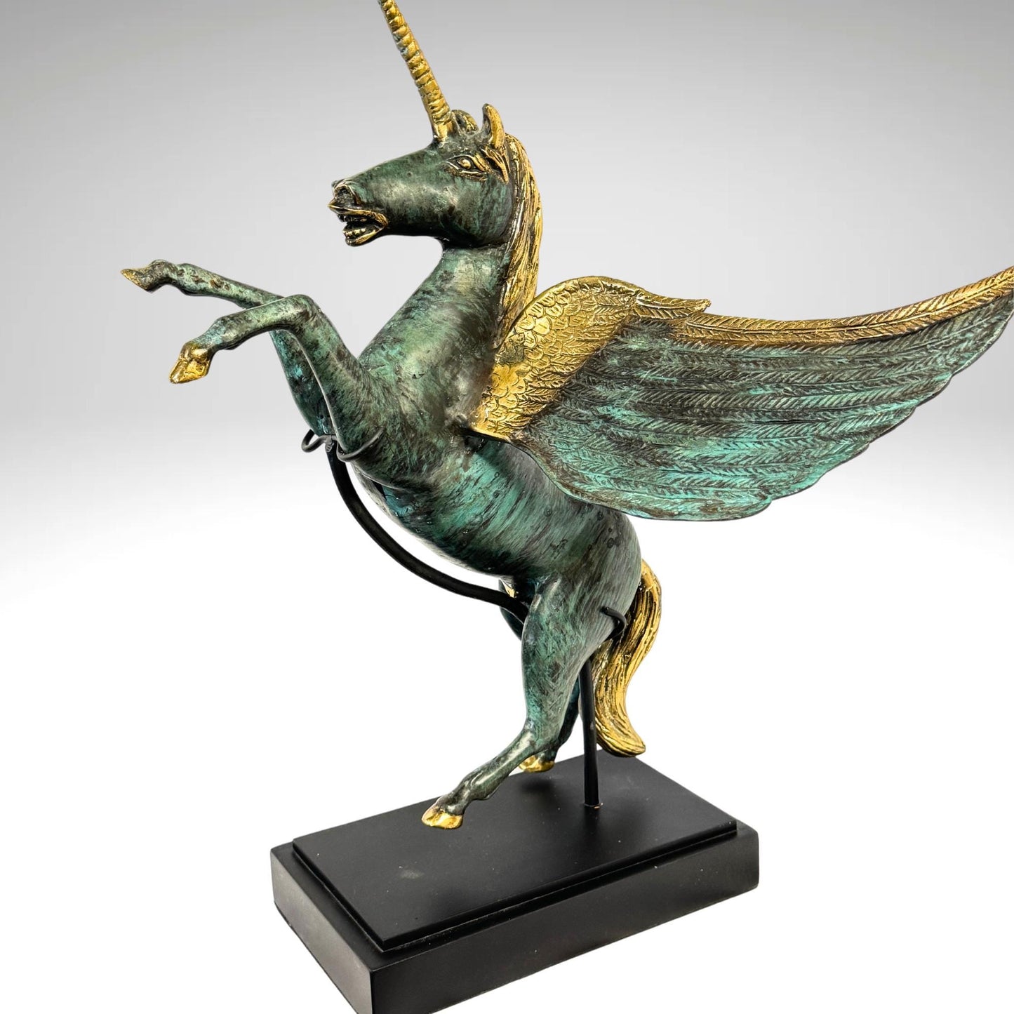 Bronze Pegasus Sculpture: Winged Unicorn Statue, Teal Verdigris Patina
