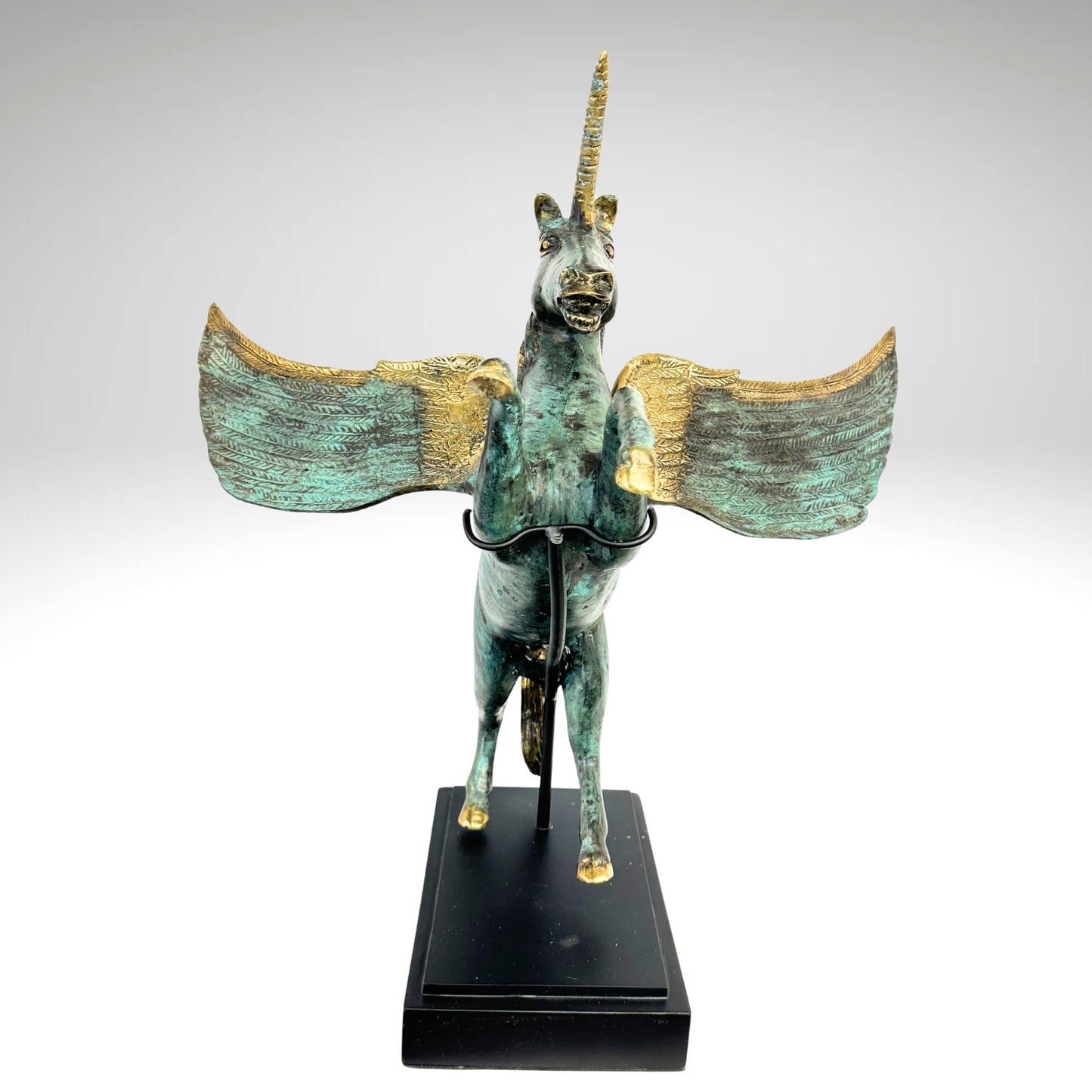 Bronze Pegasus Sculpture: Winged Unicorn Statue, Teal Verdigris Patina