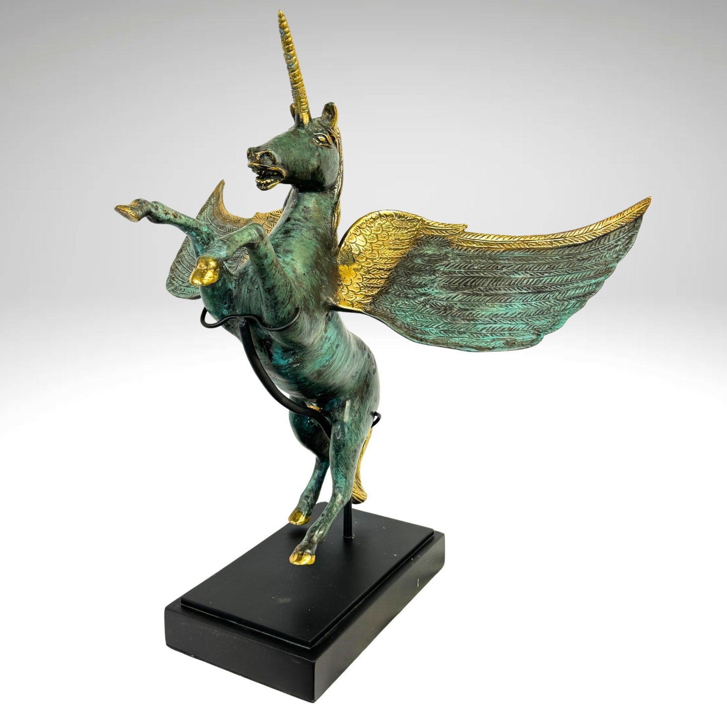 Bronze Pegasus Sculpture: Winged Unicorn Statue, Teal Verdigris Patina