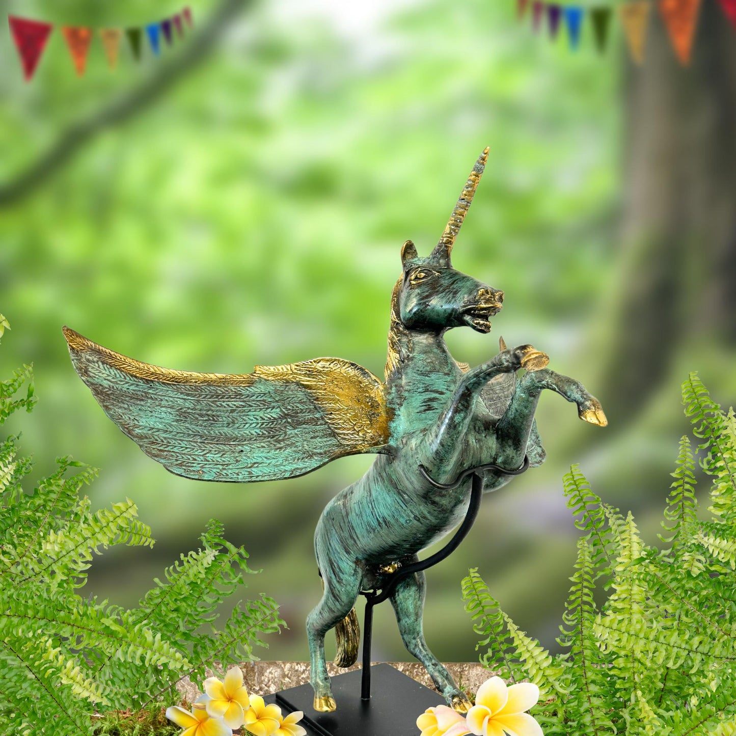 Bronze Pegasus Sculpture: Winged Unicorn Statue, Teal Verdigris Patina