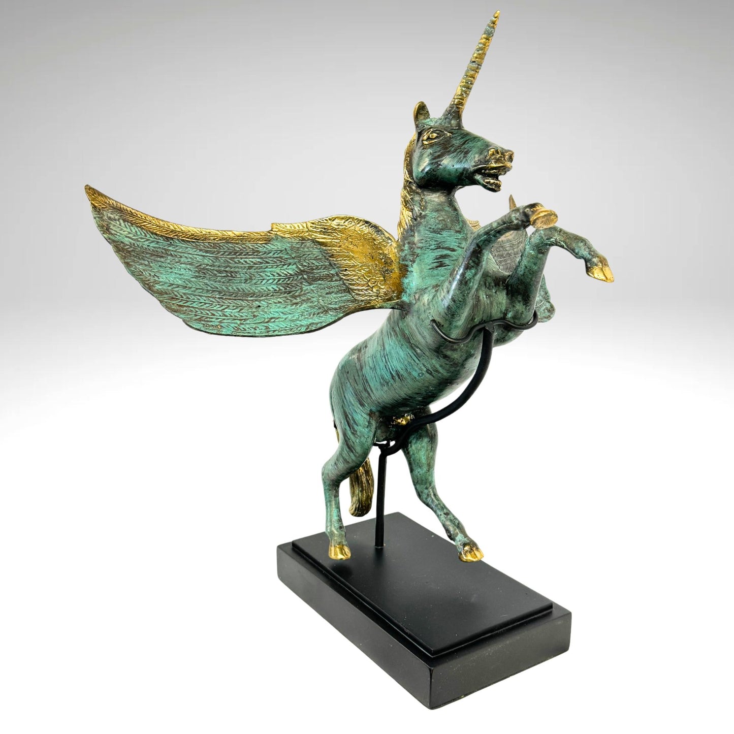 Bronze Pegasus Sculpture: Winged Unicorn Statue, Teal Verdigris Patina