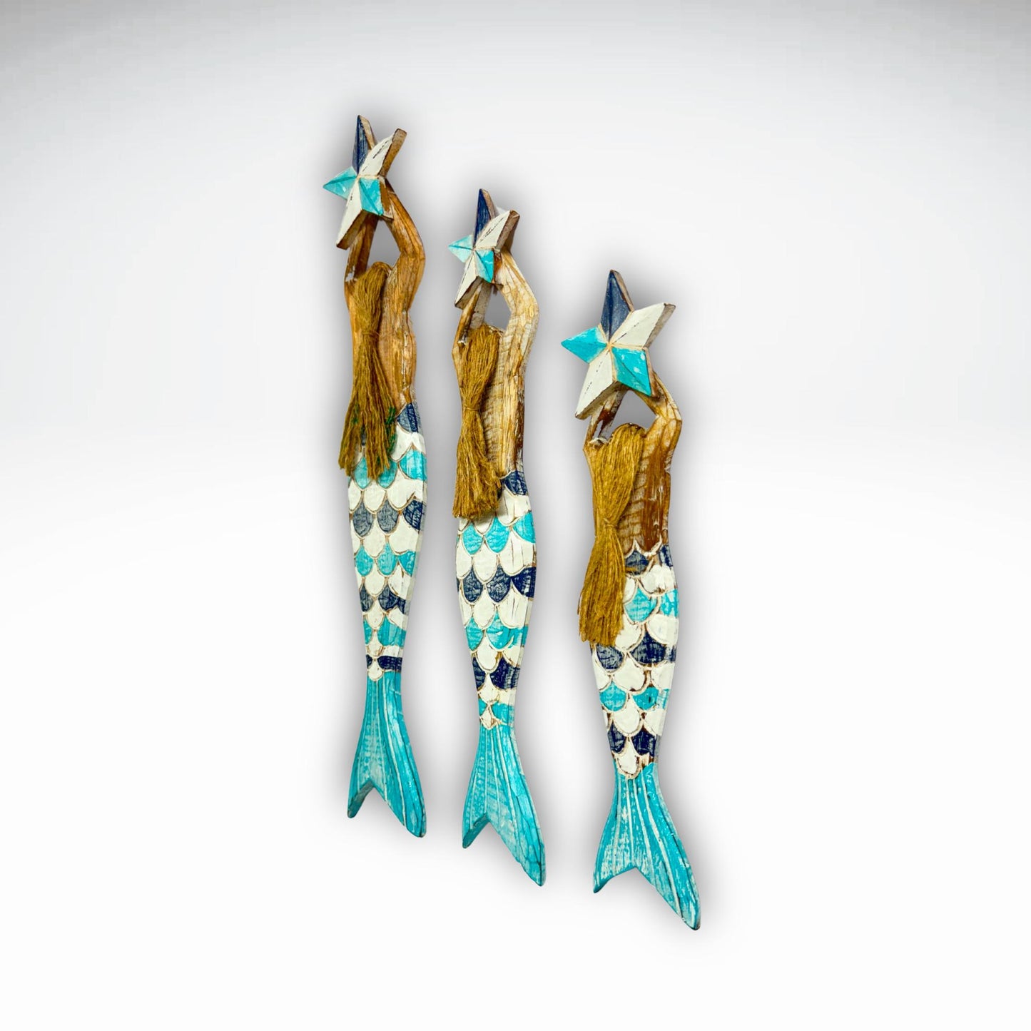 Mermaid Wall Art Set: Carved Wood Nautical Beach Decor