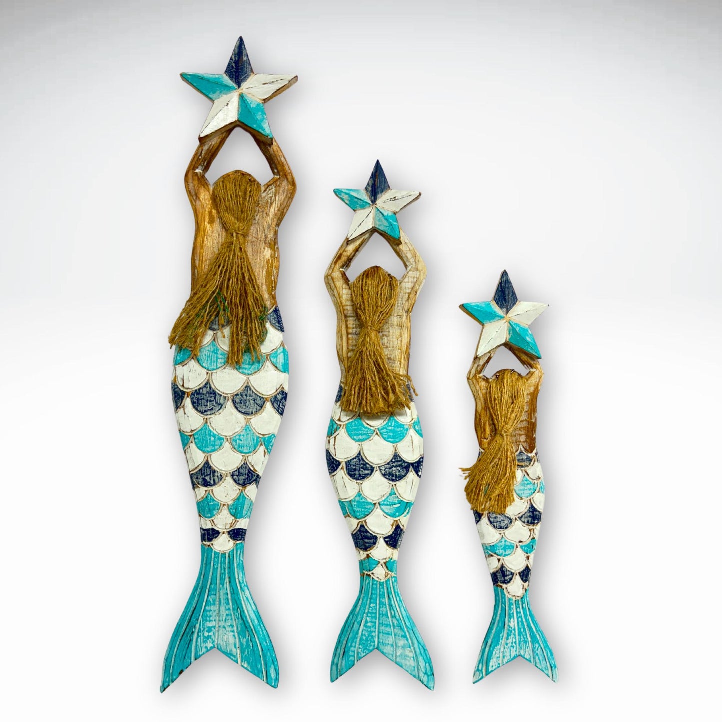 Mermaid Wall Art Set: Carved Wood Nautical Beach Decor