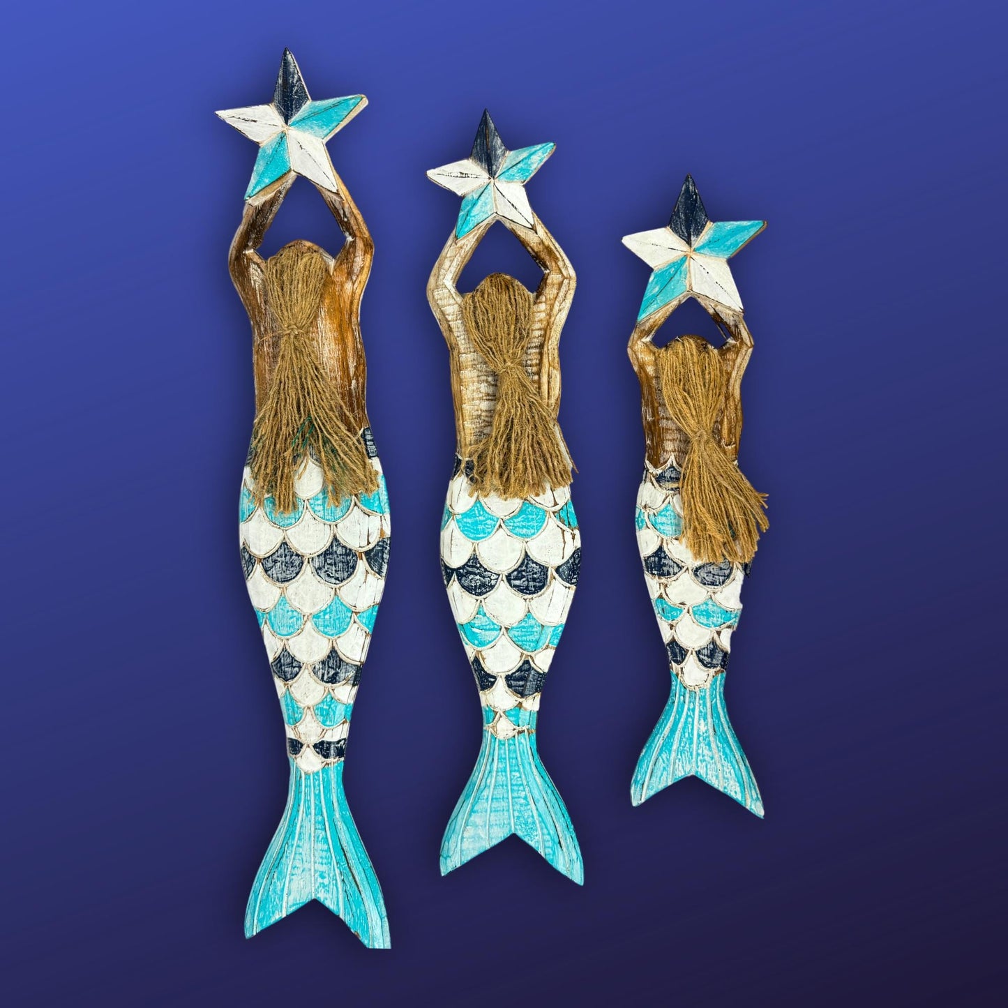 Mermaid Wall Art Set: Carved Wood Nautical Beach Decor