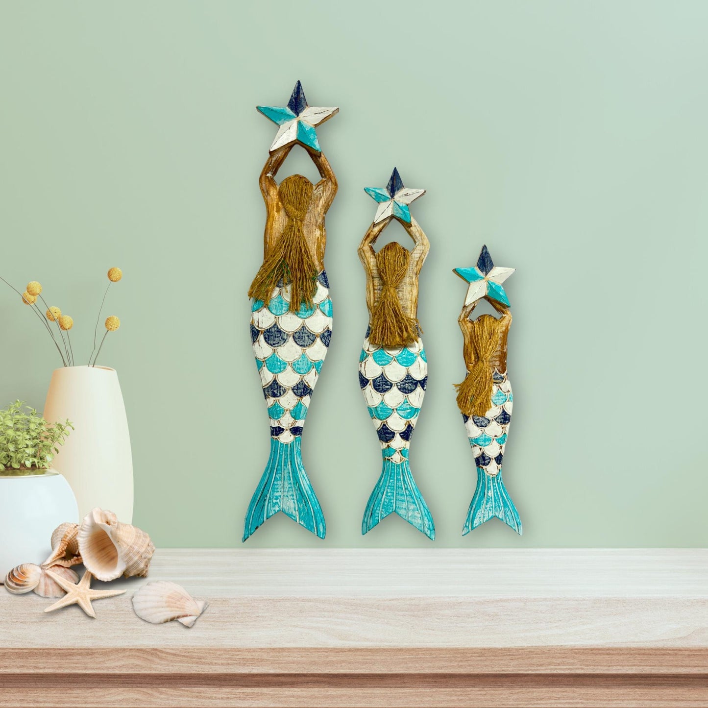 Mermaid Wall Art Set: Carved Wood Nautical Beach Decor