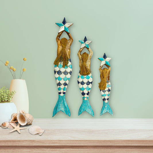 Mermaid Wall Art Set: Carved Wood Nautical Beach Decor - Acadia World Traders