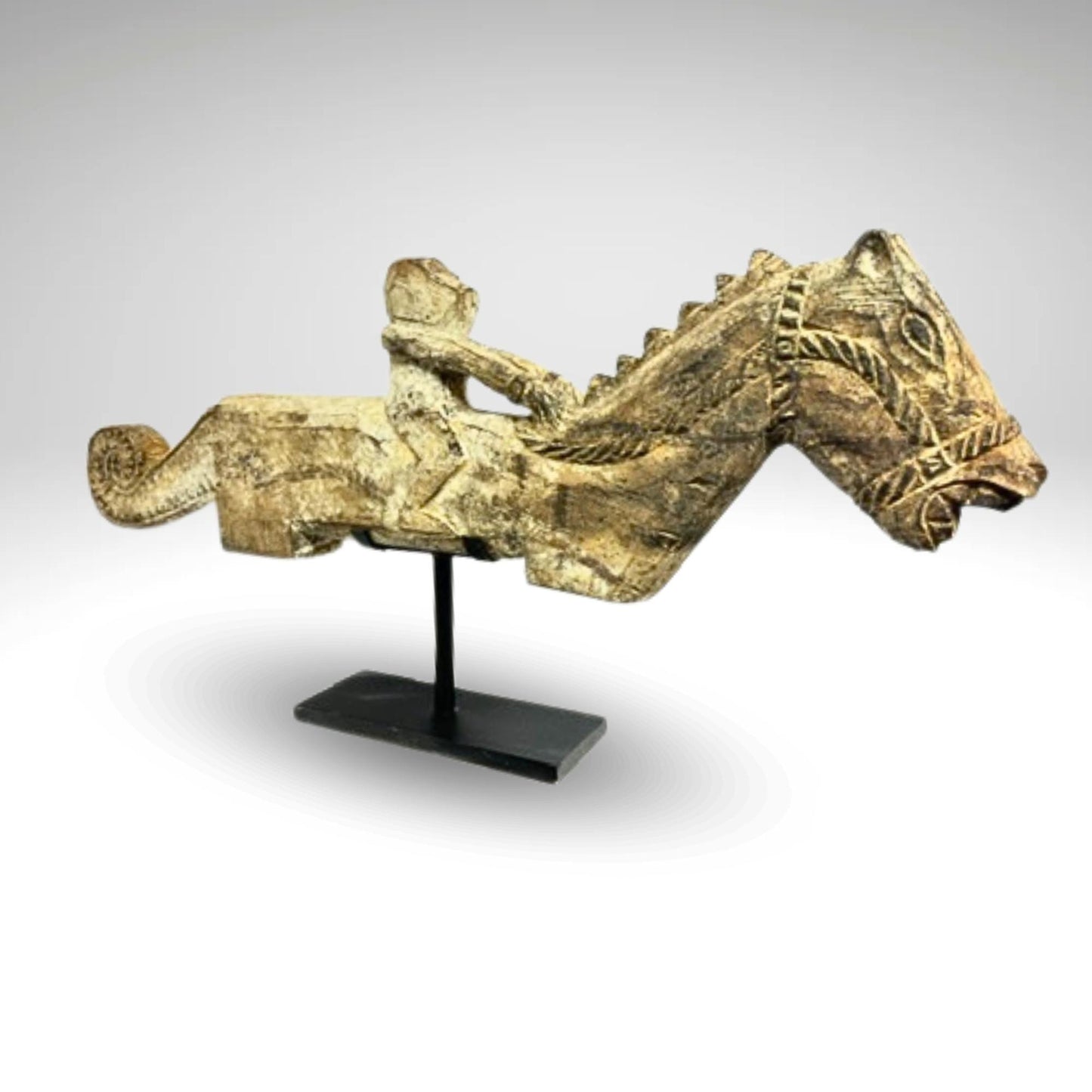 Vintage Teak Wood Carving: Indonesian Tribal Figure on Horse