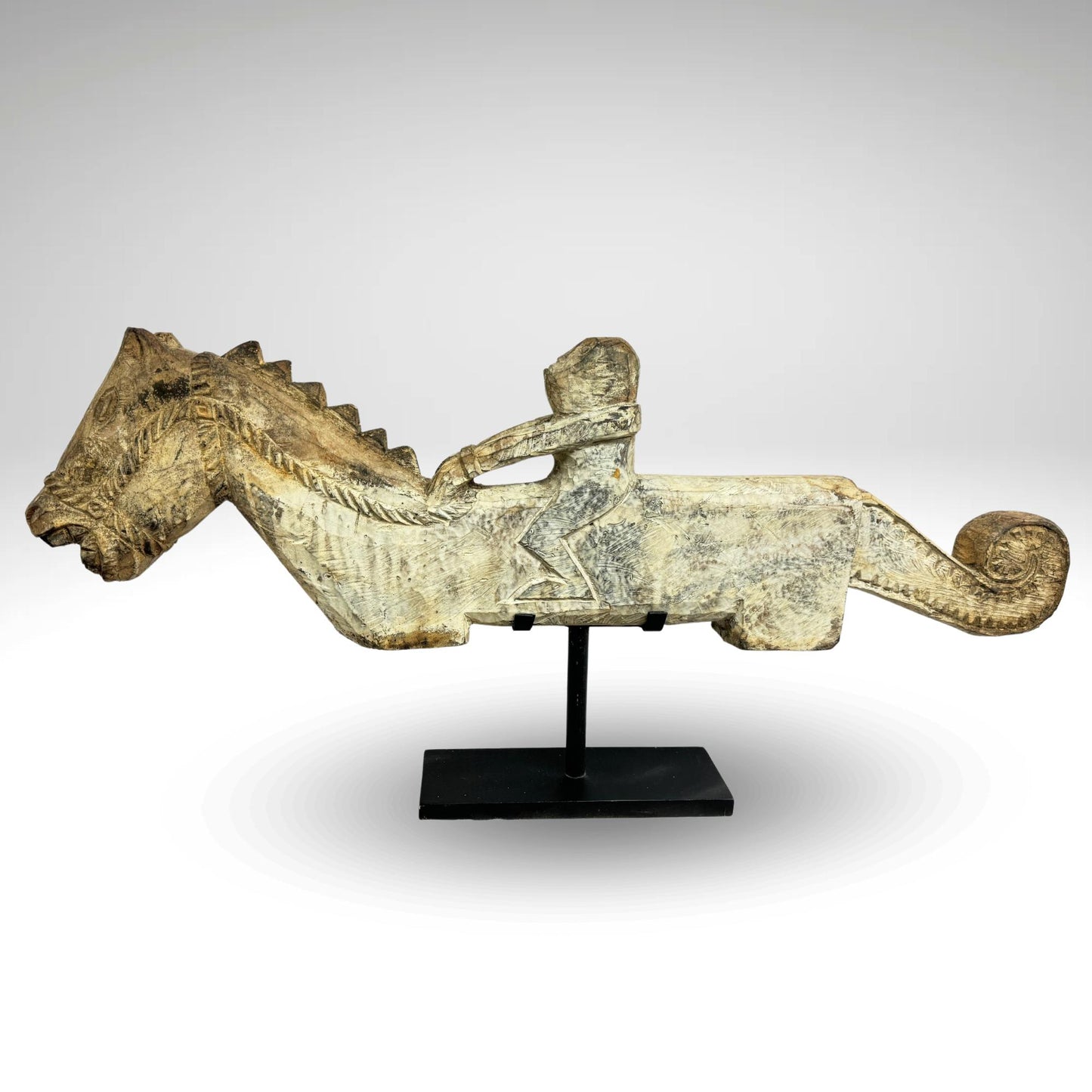 Vintage Teak Wood Carving: Indonesian Tribal Figure on Horse