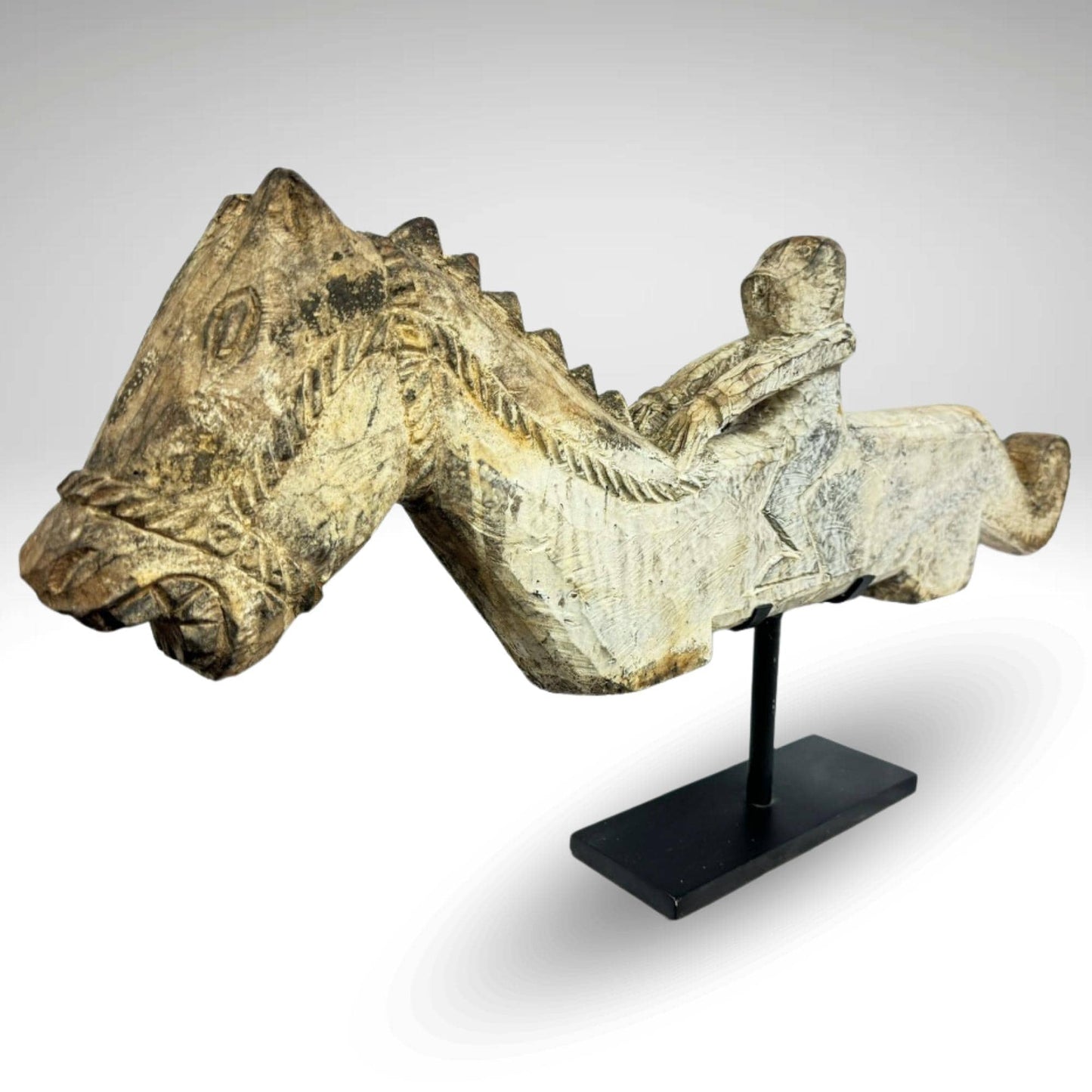 Vintage Teak Wood Carving: Indonesian Tribal Figure on Horse