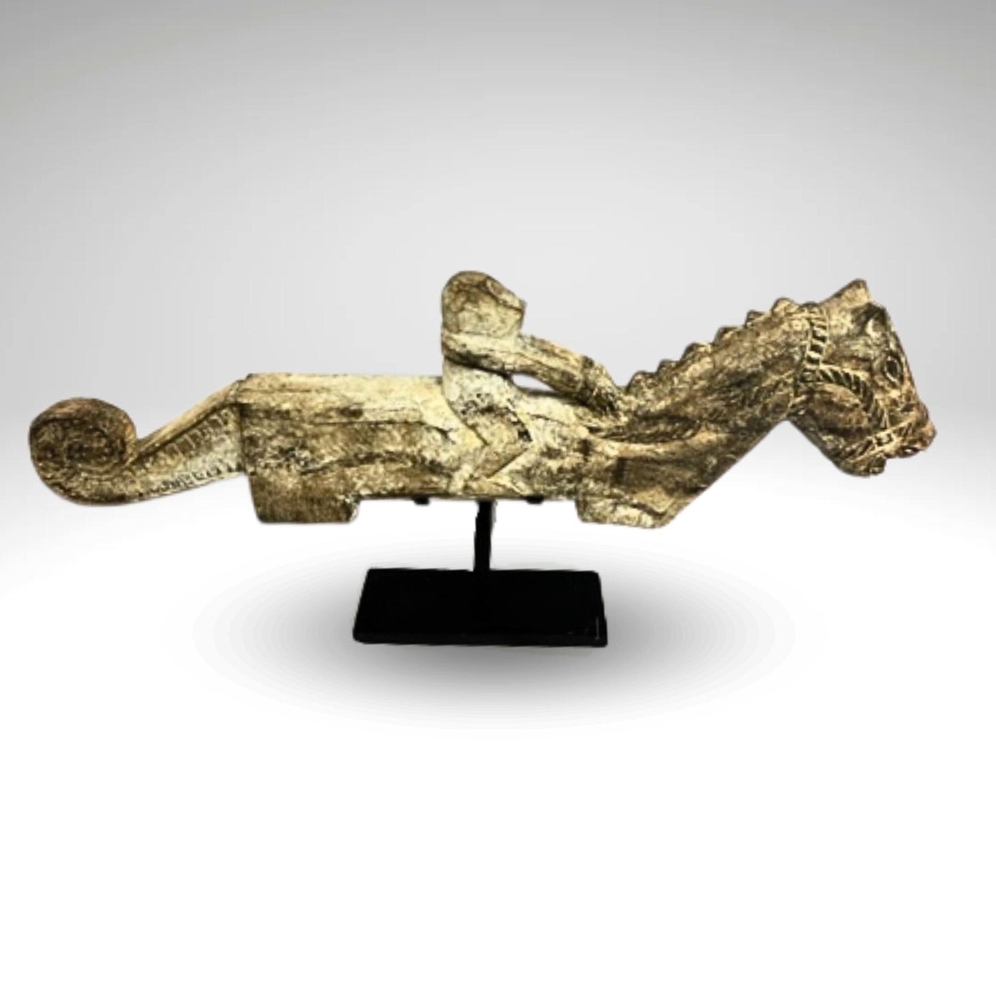 Vintage Teak Wood Carving: Indonesian Tribal Figure on Horse