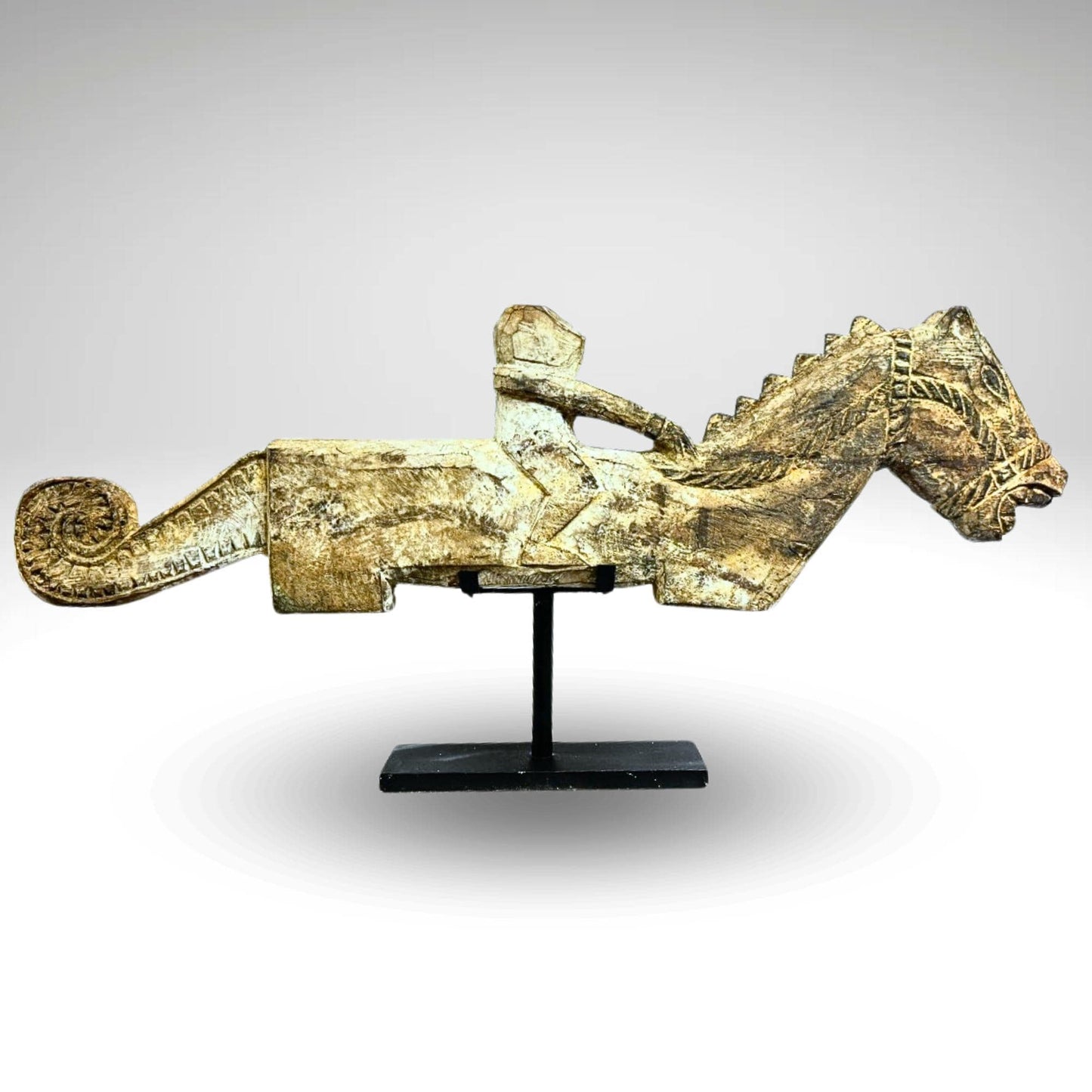 Vintage Teak Wood Carving: Indonesian Tribal Figure on Horse