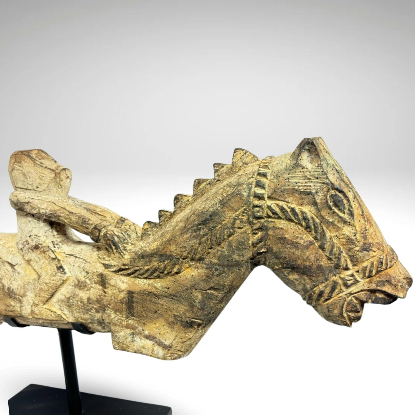 Vintage Teak Wood Carving: Indonesian Tribal Figure on Horse