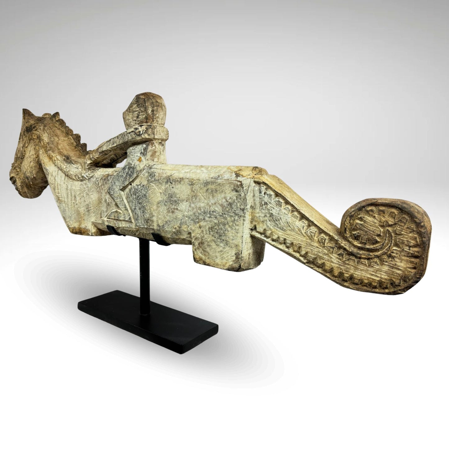 Vintage Teak Wood Carving: Indonesian Tribal Figure on Horse
