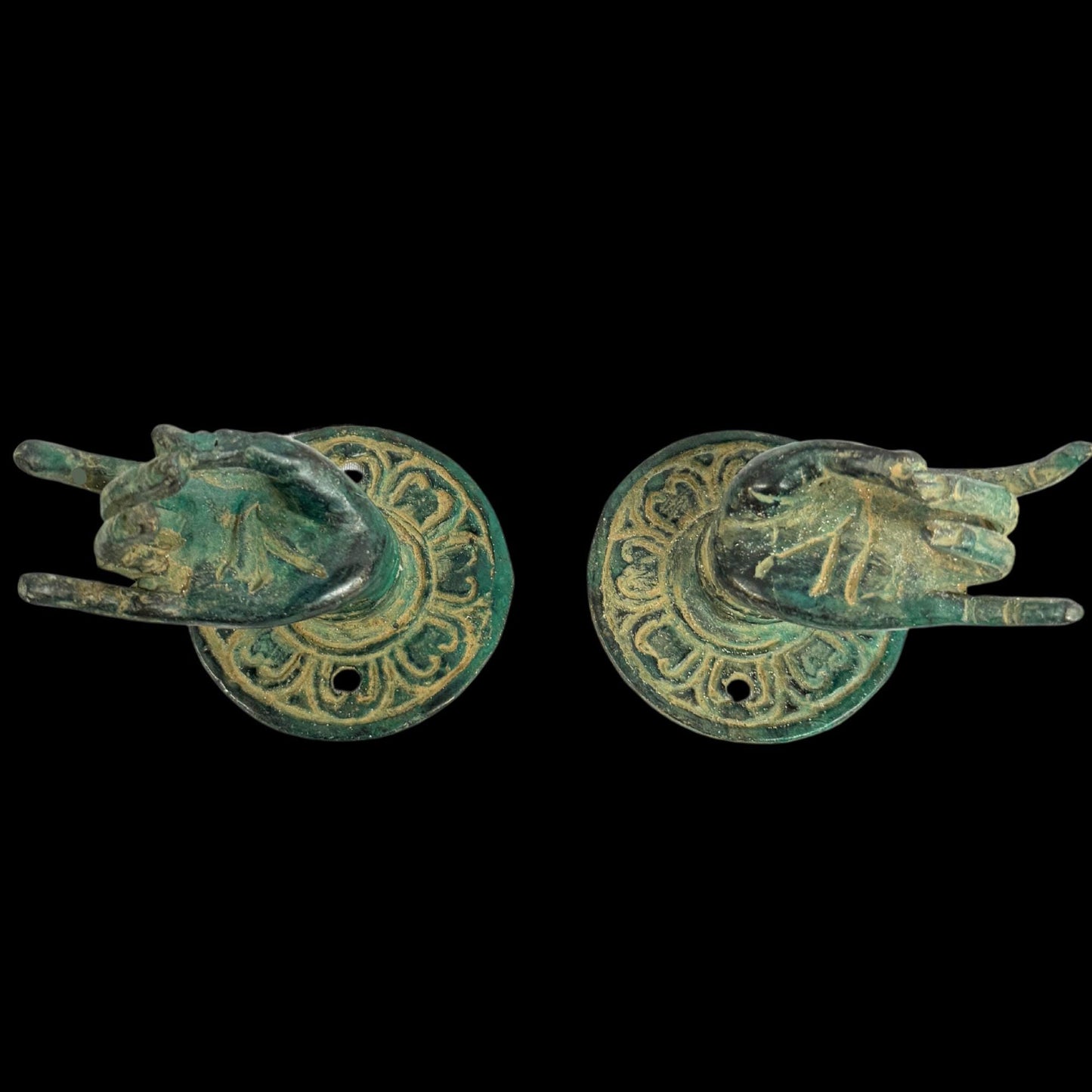 Vintage Bronze Buddha Mudra  Hand Handle: Bali Art Drawer Pull, knob, Wall Hook Set