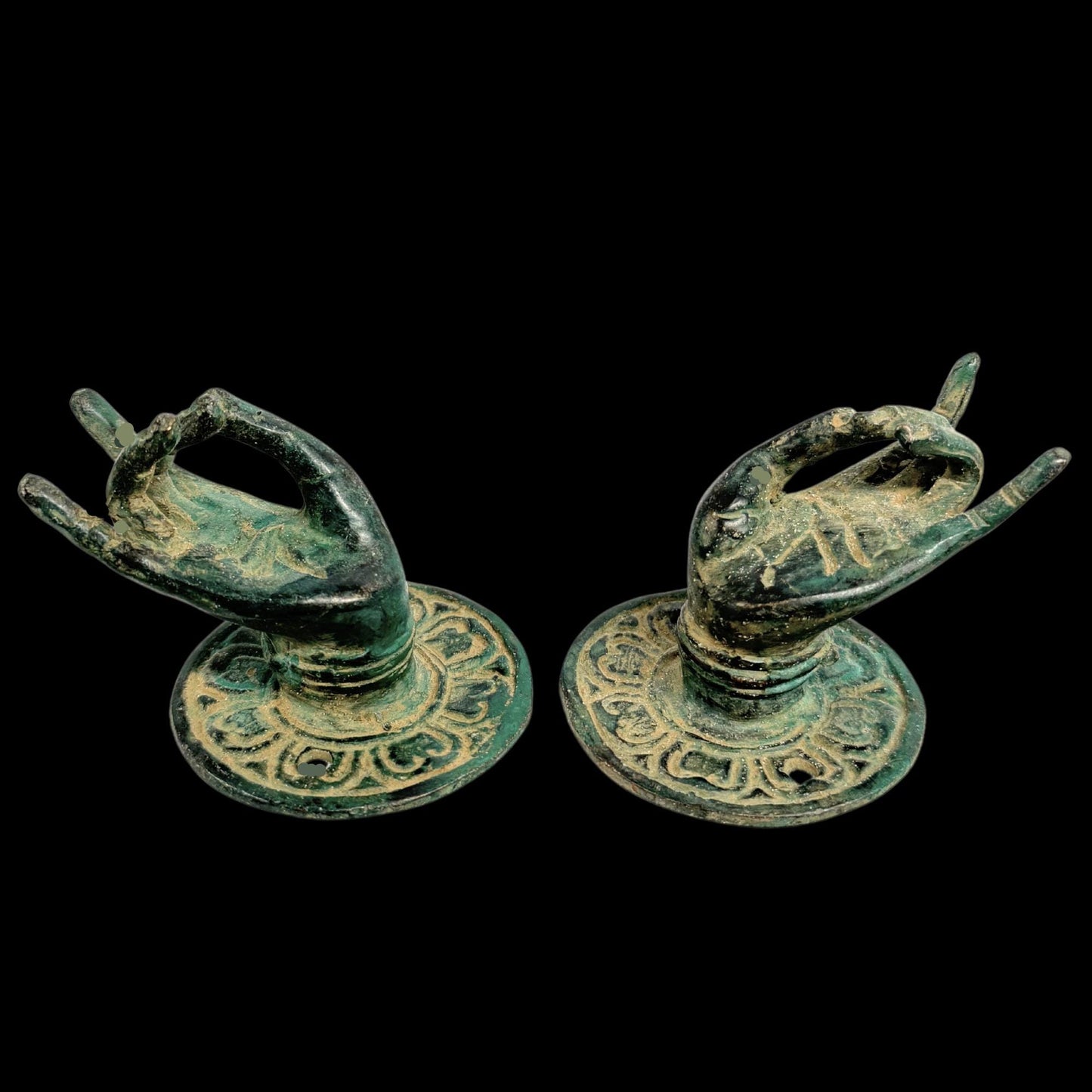Vintage Bronze Buddha Mudra  Hand Handle: Bali Art Drawer Pull, knob, Wall Hook Set