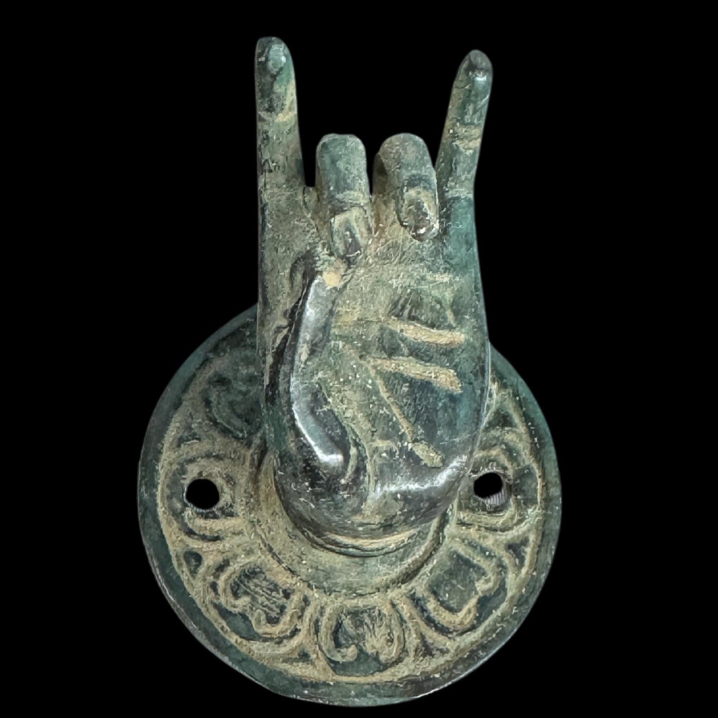 Vintage Bronze Buddha Mudra  Hand Handle: Bali Art Drawer Pull, knob, Wall Hook Set
