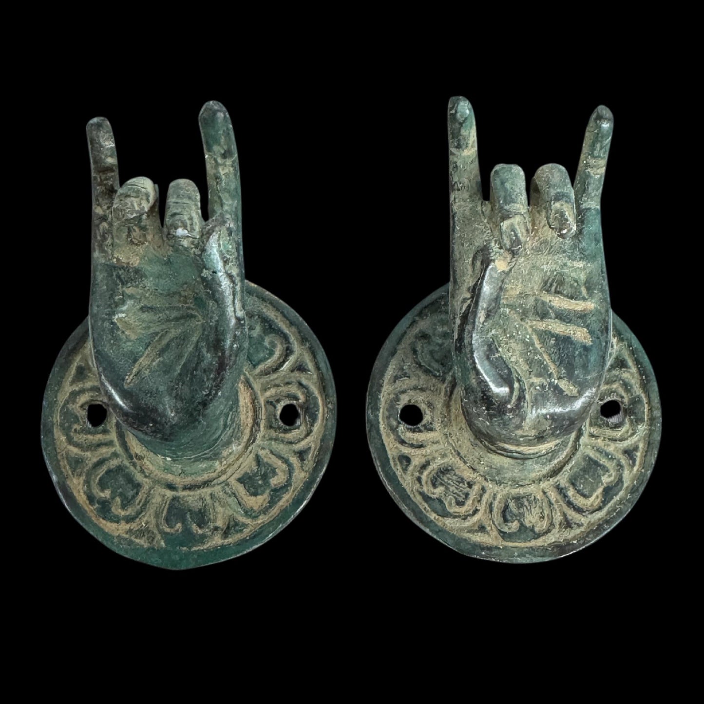 Vintage Bronze Buddha Mudra  Hand Handle: Bali Art Drawer Pull, knob, Wall Hook Set