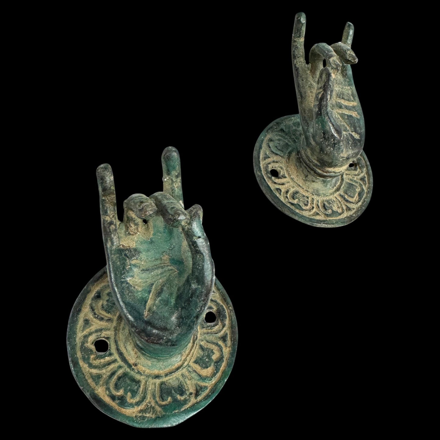 Vintage Bronze Buddha Mudra  Hand Handle: Bali Art Drawer Pull, knob, Wall Hook Set