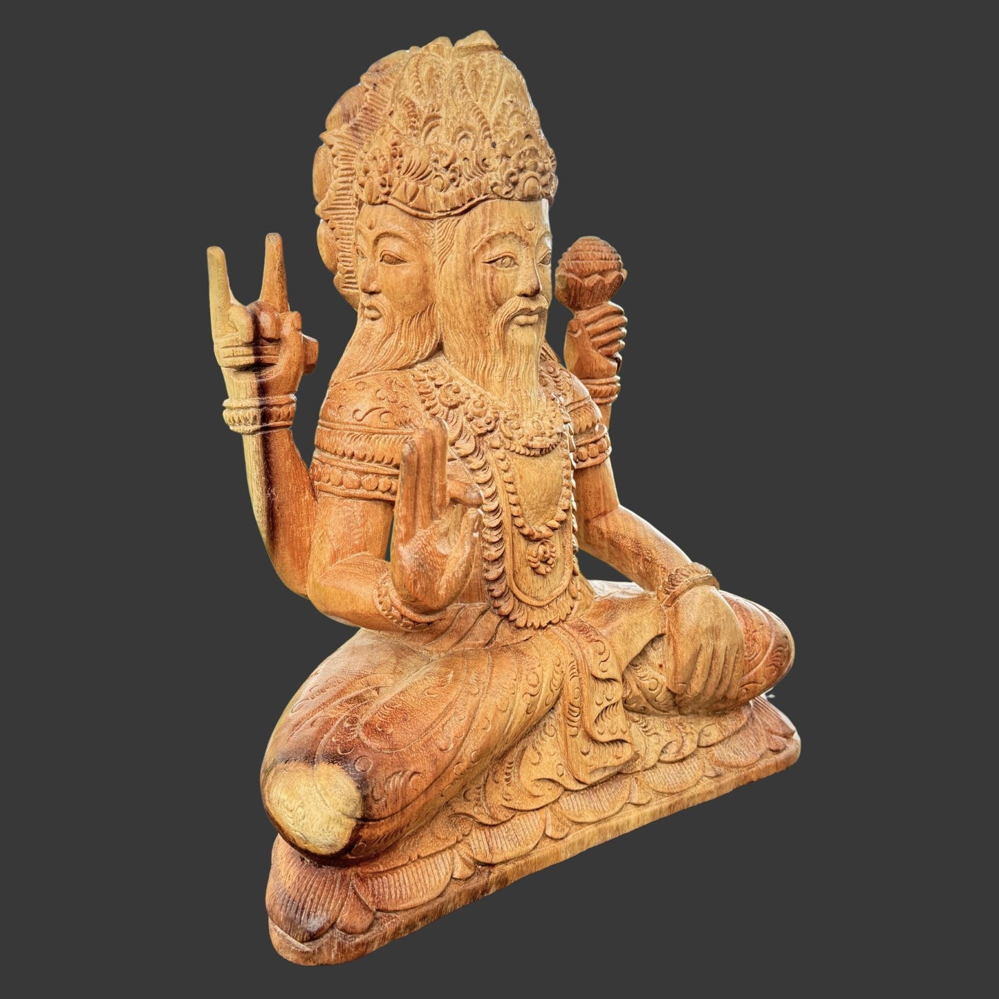 Hand Carved Trimurti Sculpture: Balinese Shiva Brahma Vishnu Wood Statue
