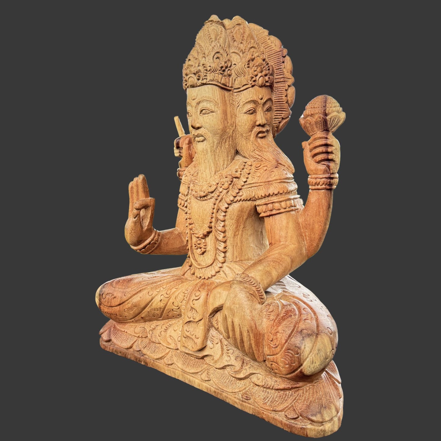 Hand Carved Trimurti Sculpture: Balinese Shiva Brahma Vishnu Wood Statue
