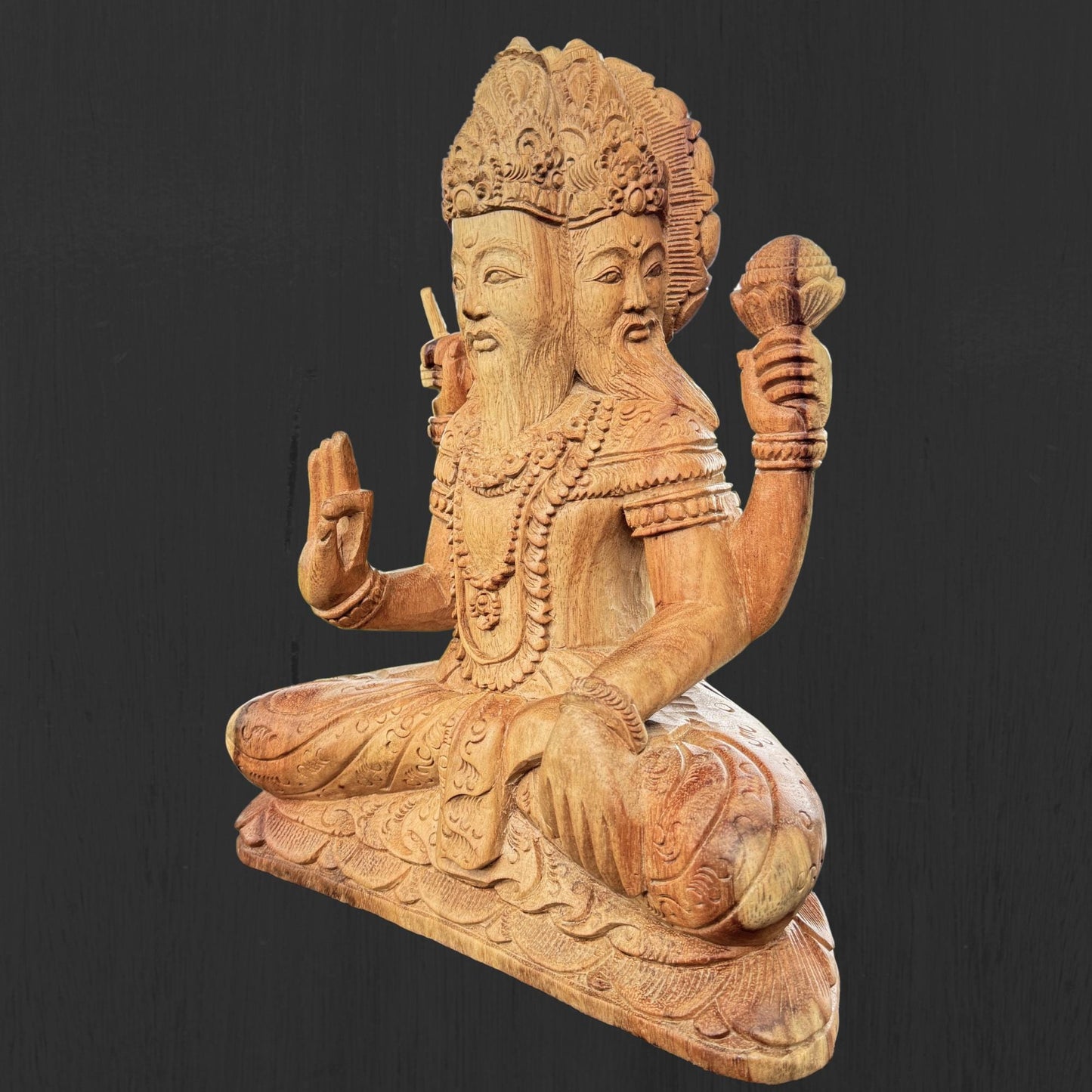Hand Carved Trimurti Sculpture: Balinese Shiva Brahma Vishnu Wood Statue