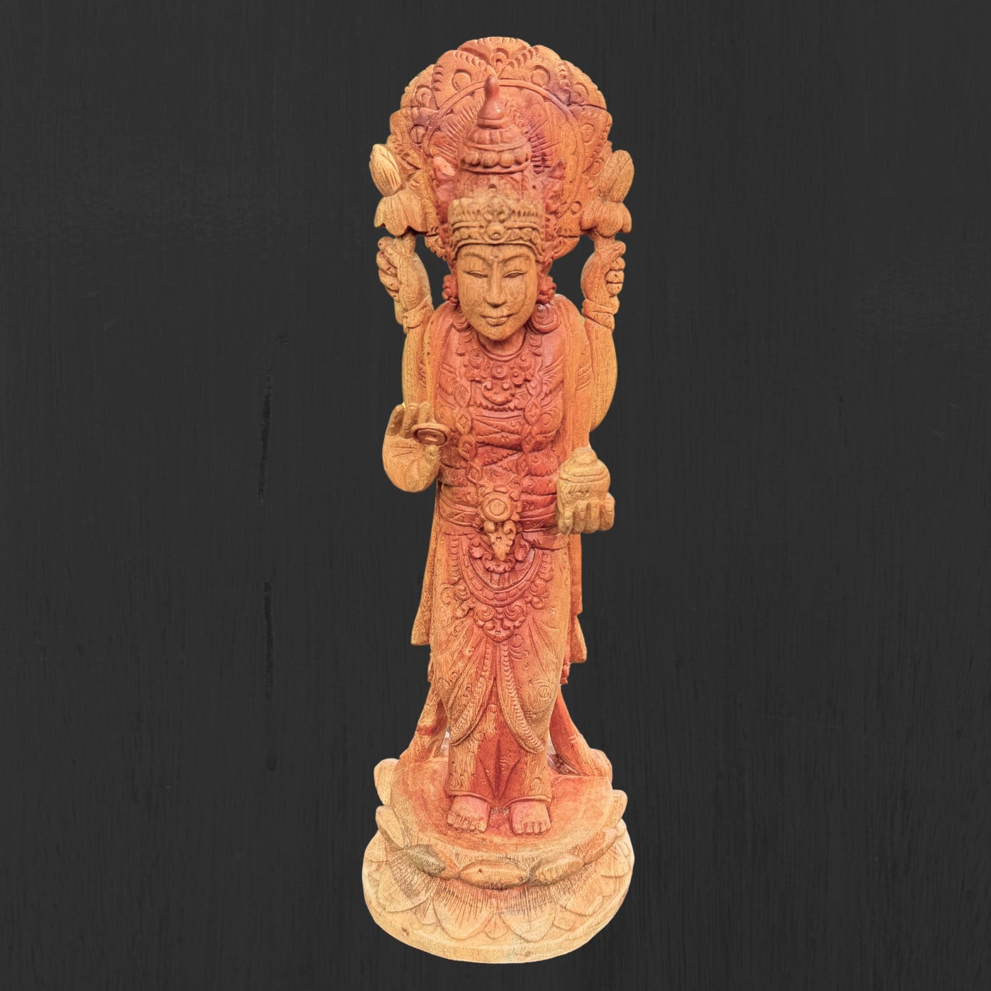 Hand Carved Balinese Lakshmi Statue: Suar Wood Hindu Goddess Sculpture