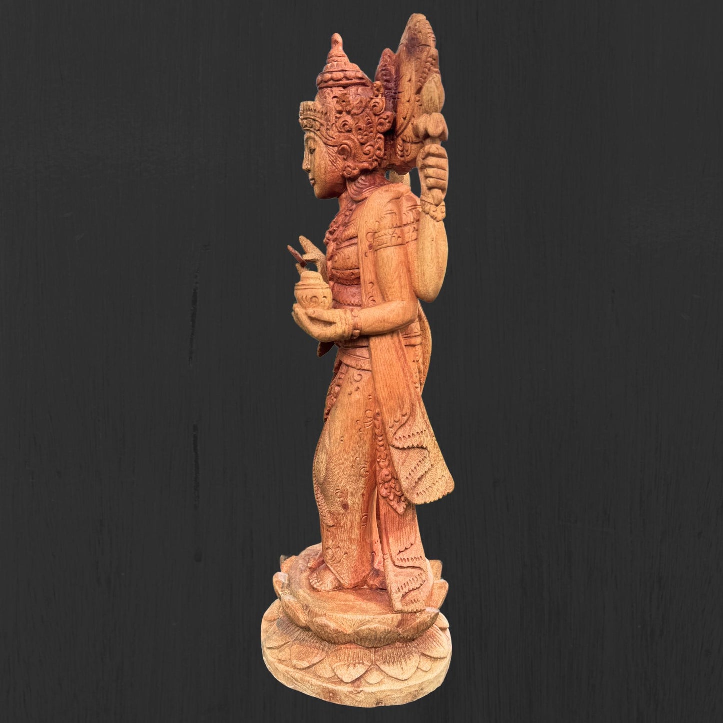 Hand Carved Balinese Lakshmi Statue: Suar Wood Hindu Goddess Sculpture