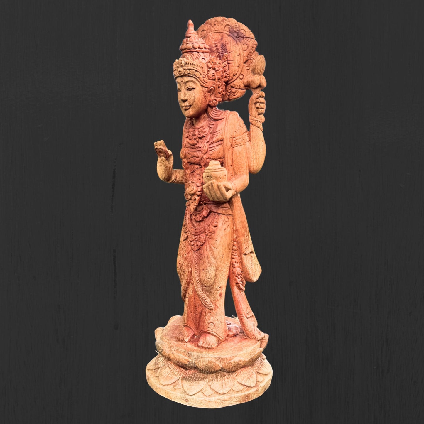 Hand Carved Balinese Lakshmi Statue: Suar Wood Hindu Goddess Sculpture