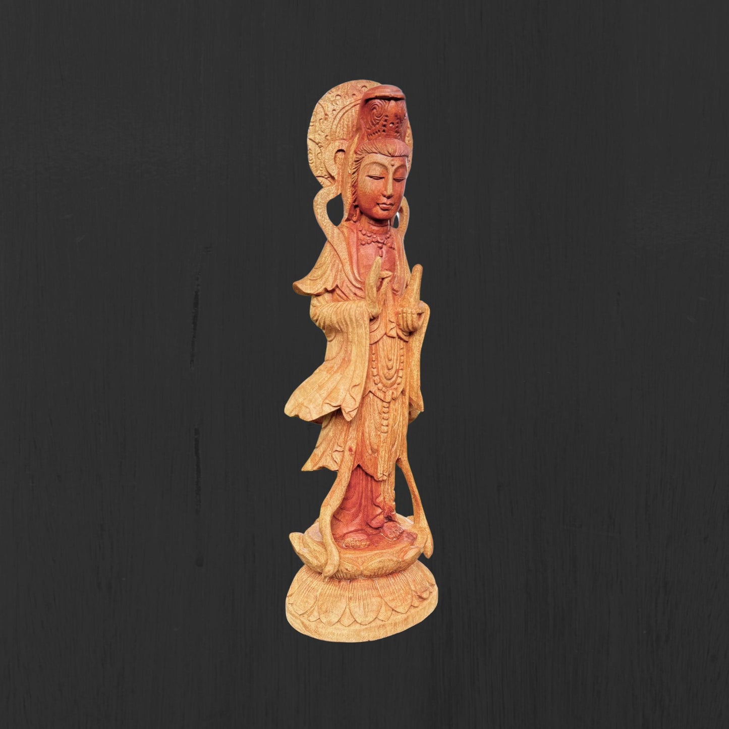 Hand Carved Guanyin Goddess of Mercy Statue: Suar Wood Bodhisattva of Compassion Sculpture
