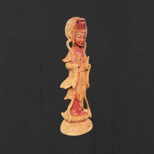 Hand Carved Guanyin Goddess of Mercy Statue: Suar Wood Bodhisattva of Compassion Sculpture