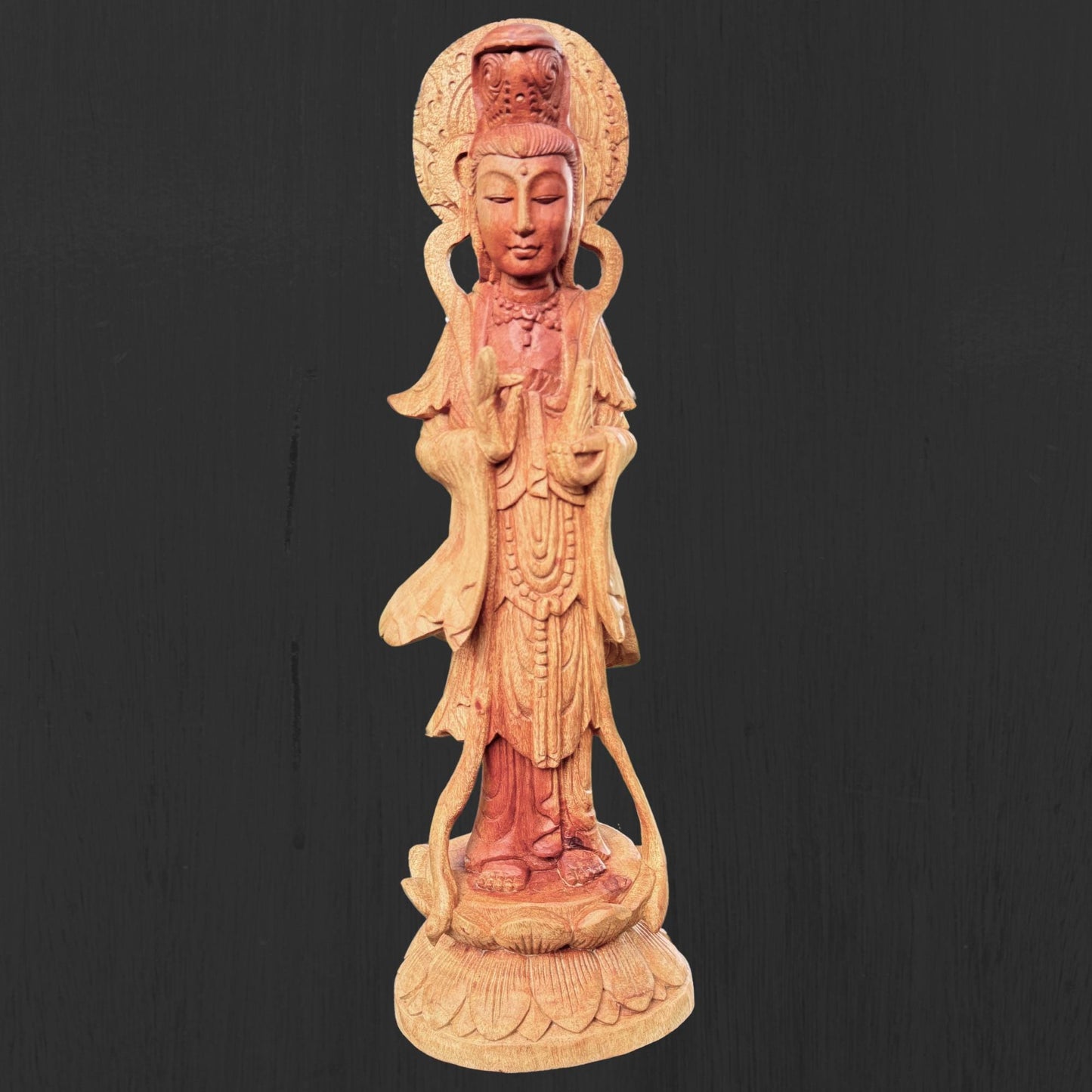 Hand Carved Guanyin Goddess of Mercy Statue: Suar Wood Bodhisattva of Compassion Sculpture