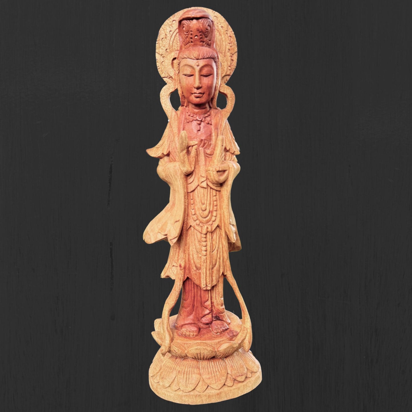 Hand Carved Guanyin Goddess of Mercy Statue: Suar Wood Bodhisattva of Compassion Sculpture