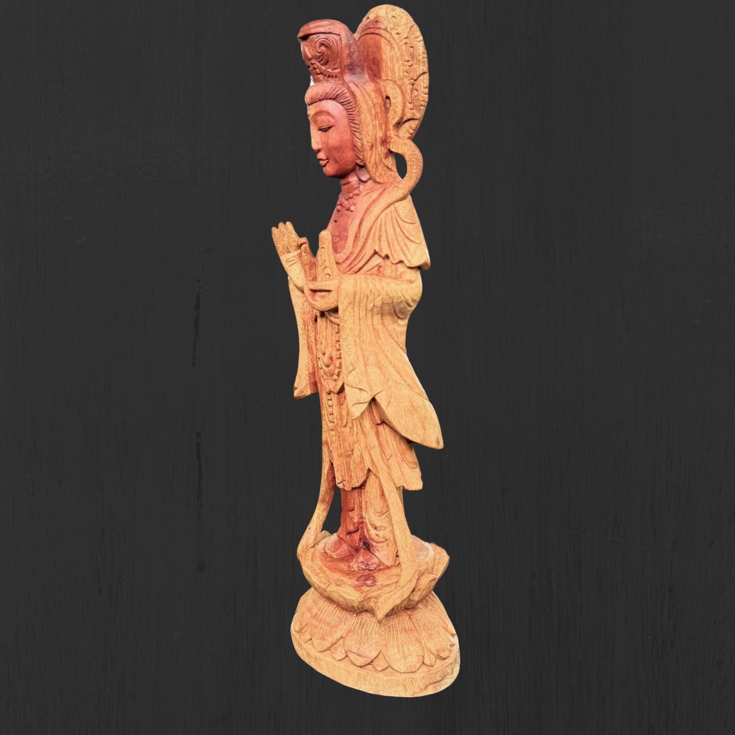 Hand Carved Guanyin Goddess of Mercy Statue: Suar Wood Bodhisattva of Compassion Sculpture