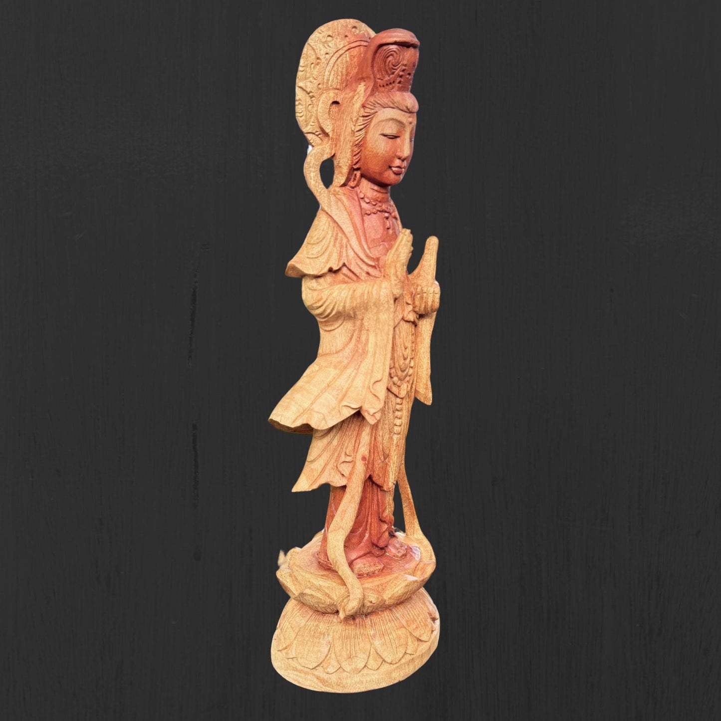 Hand Carved Guanyin Goddess of Mercy Statue: Suar Wood Bodhisattva of Compassion Sculpture