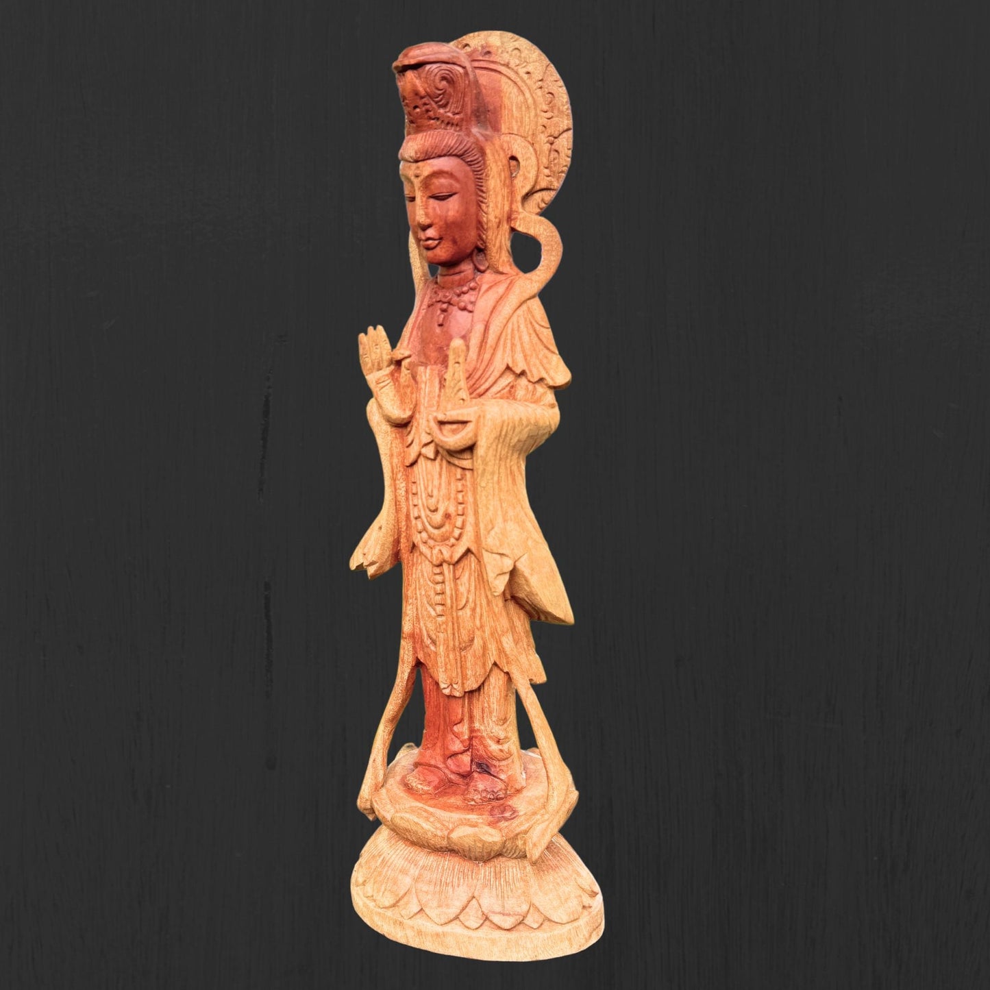 Hand Carved Guanyin Goddess of Mercy Statue: Suar Wood Bodhisattva of Compassion Sculpture