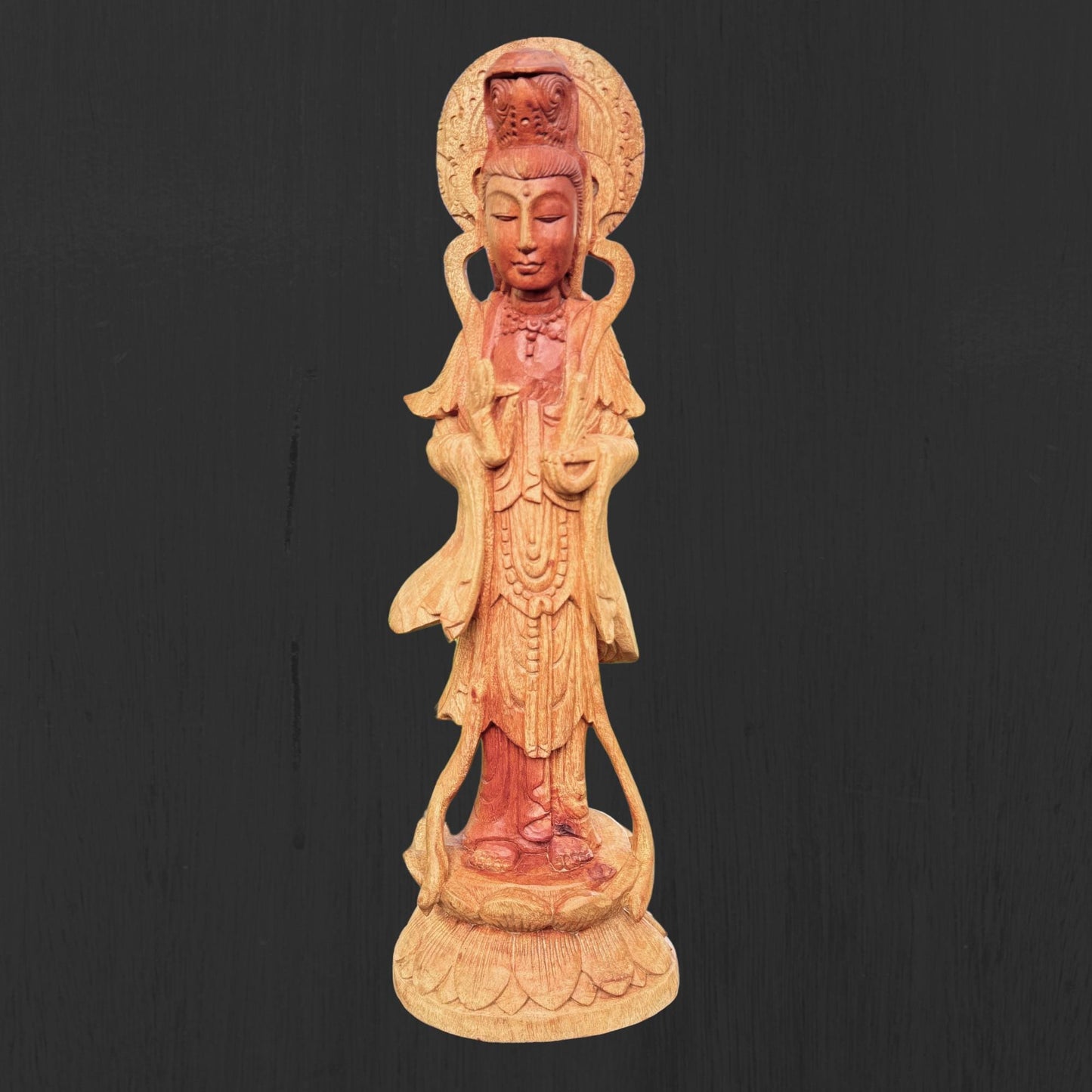 Hand Carved Guanyin Goddess of Mercy Statue: Suar Wood Bodhisattva of Compassion Sculpture
