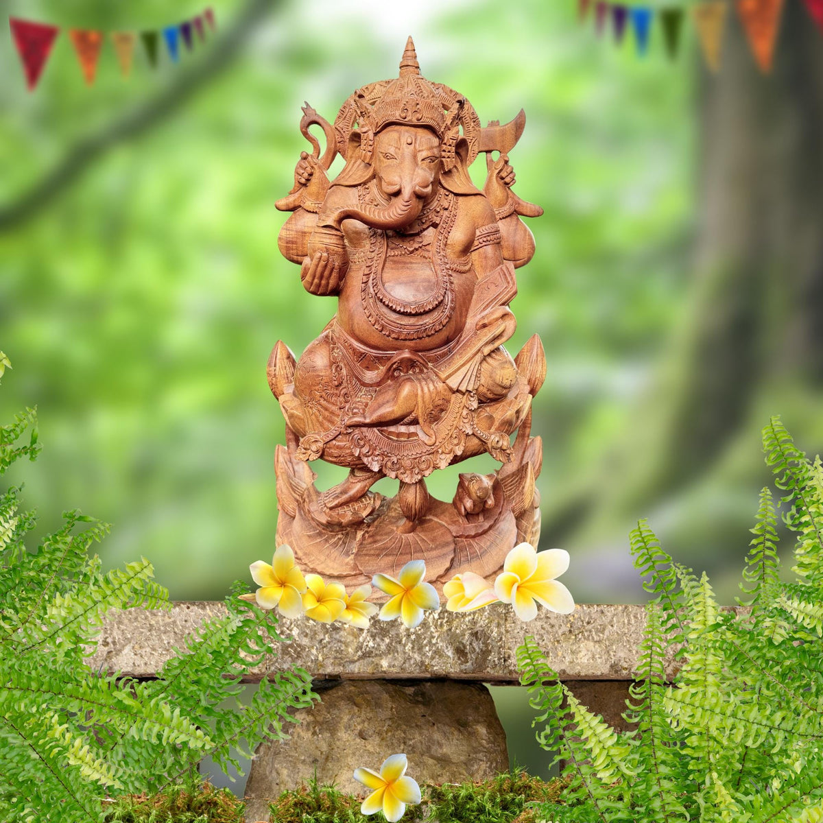 Ganesha Hand Carved Balinese Wood Sculpture: Elephant God Statue, Bali Hindu Art
