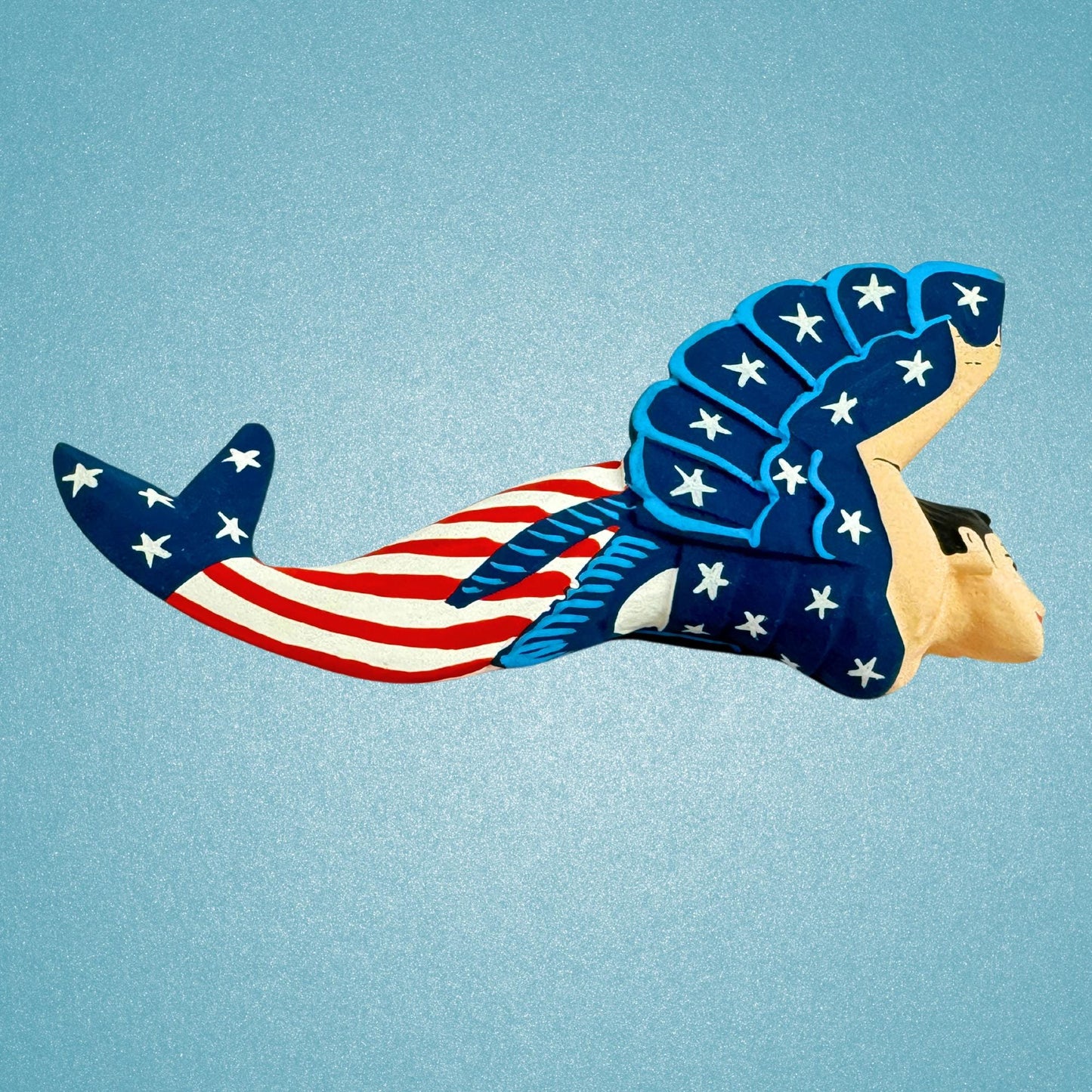 Stars Stripes Mermaid Goddess Patriotic Sisters Ornament Carved Wood Set 2 Balinese Art