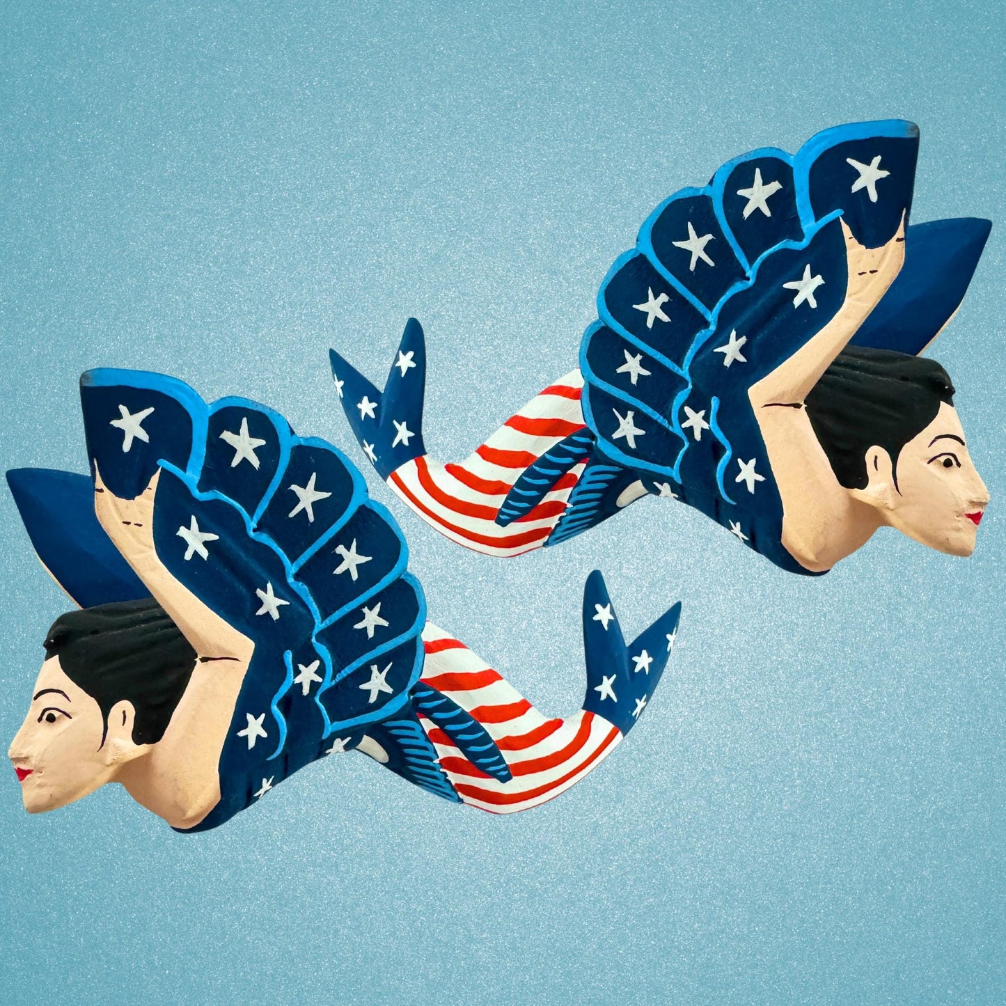 Stars Stripes Mermaid Goddess Patriotic Sisters Ornament Carved Wood Set 2 Balinese Art