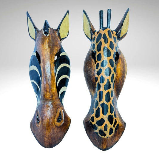 Hand Carved Zebra and Giraffe Mask: Painted Albesia Wood Wall Art - Acadia World Traders