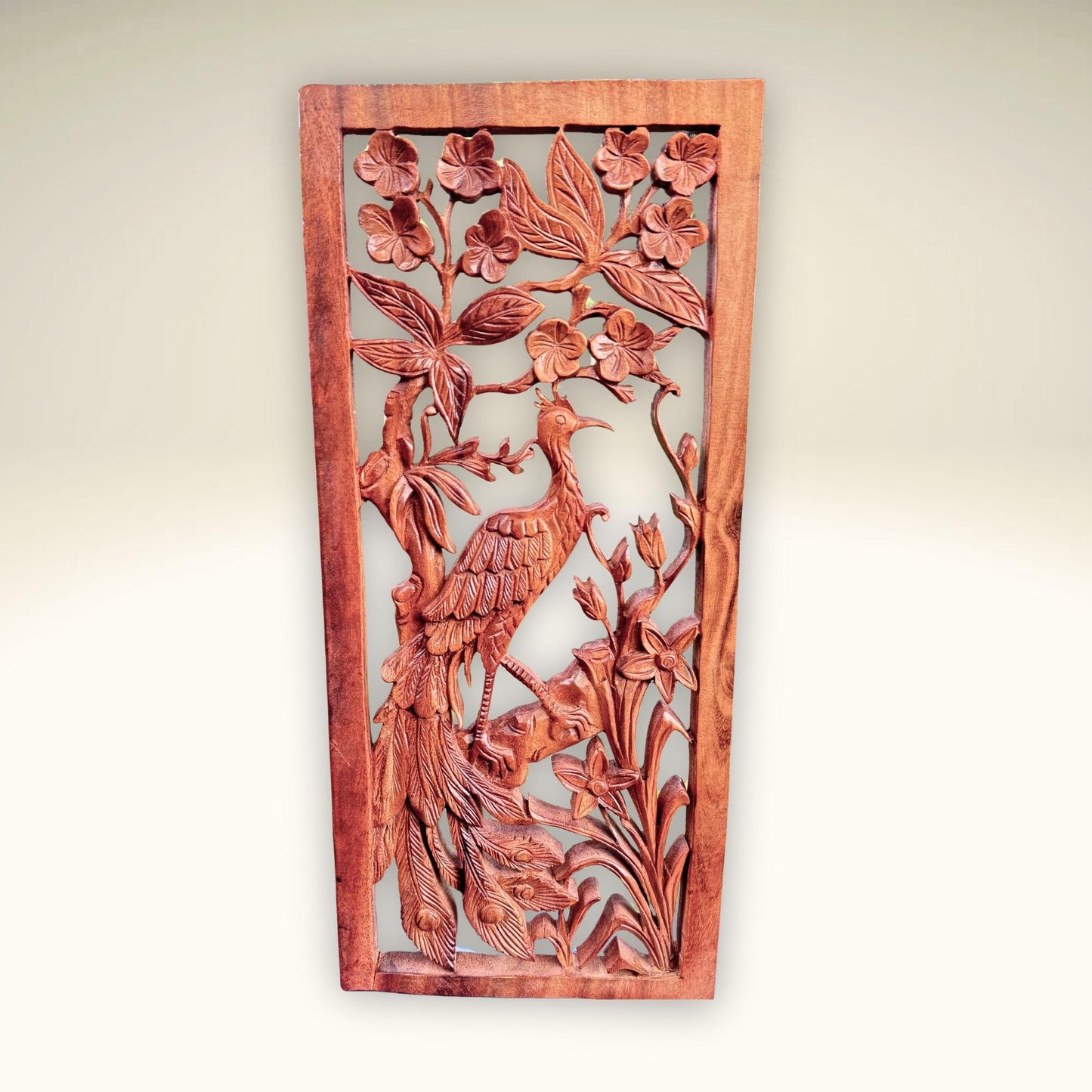 Balinese Peacock Panel Wall Art Plaque Hand Carved Wood Asian Decor
