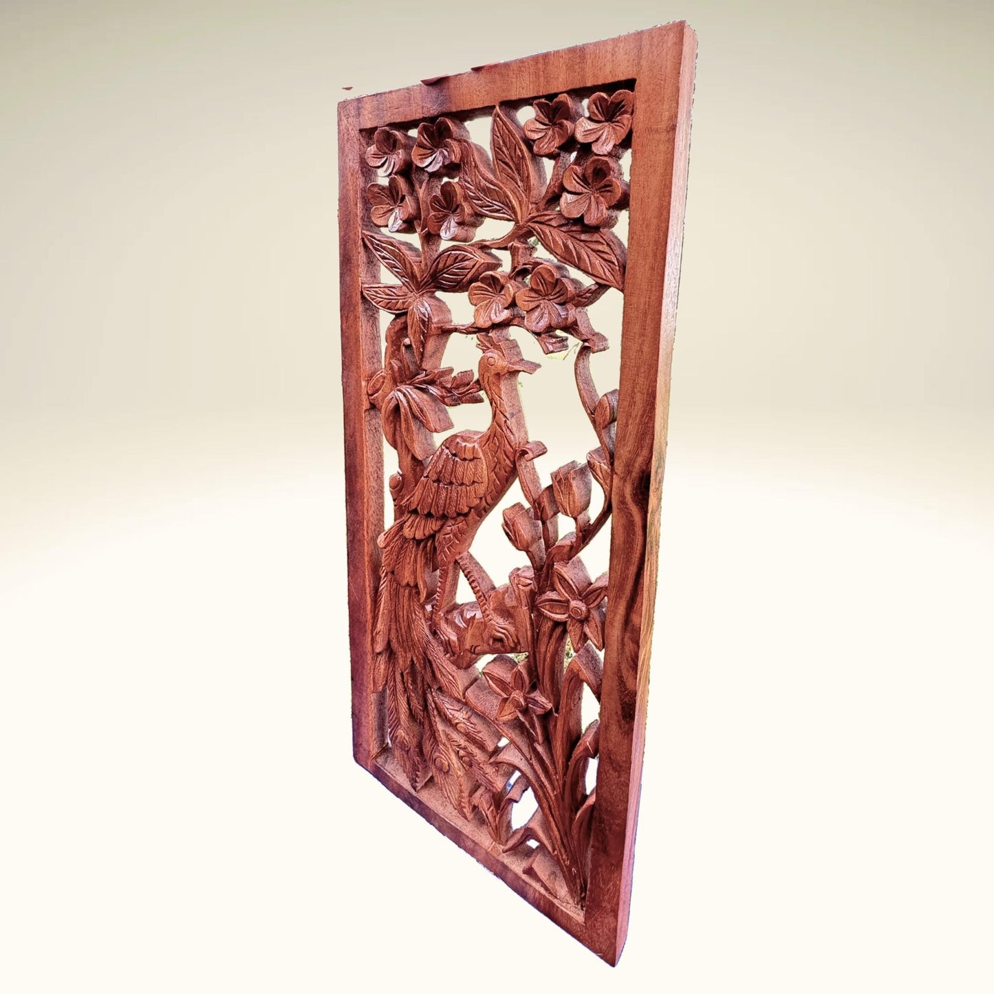 Balinese Peacock Panel Wall Art Plaque Hand Carved Wood Asian Decor