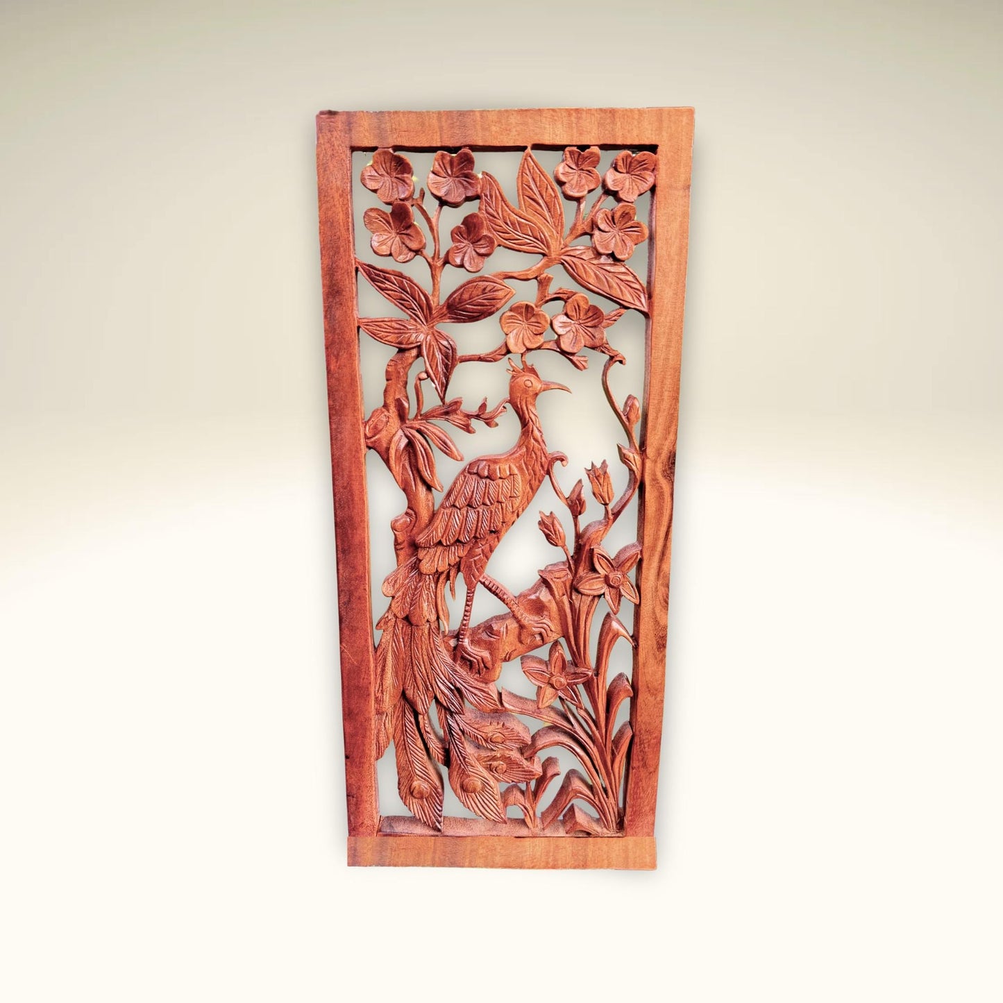 Balinese Peacock Panel Wall Art Plaque Hand Carved Wood Asian Decor